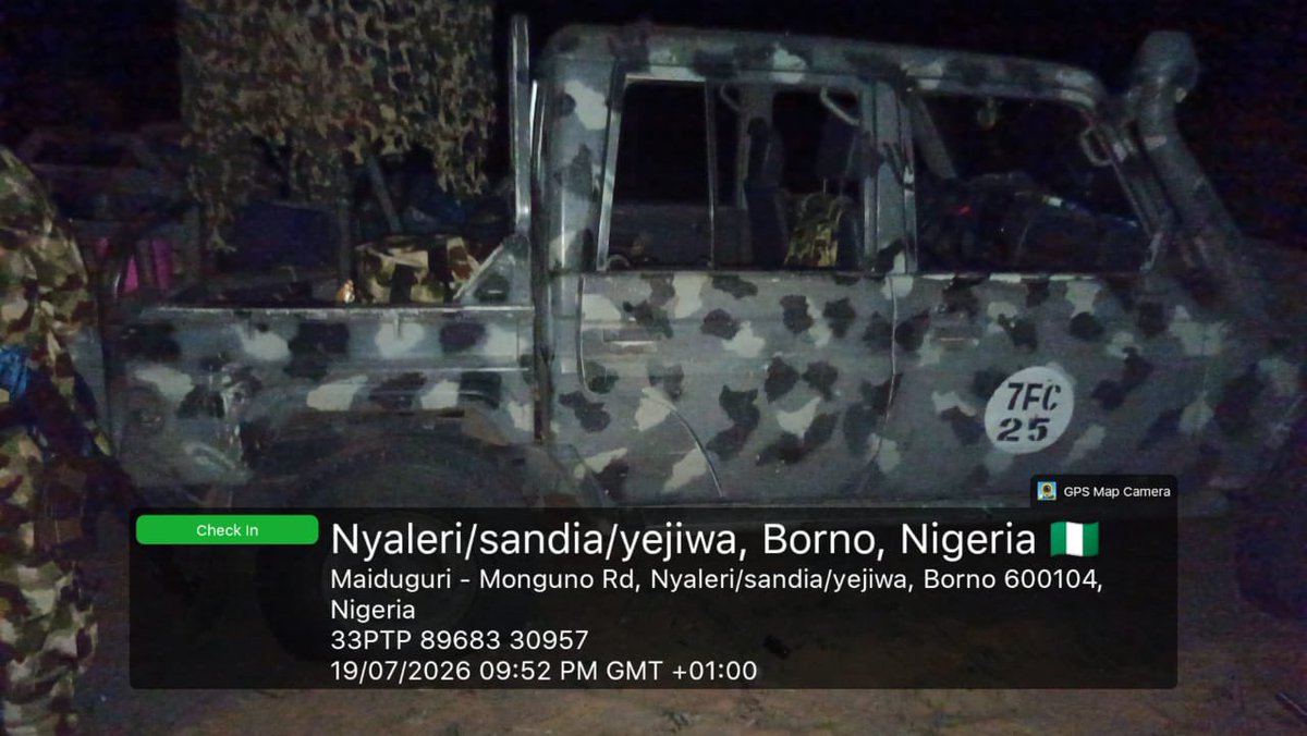 ZagazOlaMakama's tweet photo. Troops repel ISWAP assault on Gajigana military base, inflict heavy casualties

By: Zagazola Makama 

Troops of Operation HADIN KAI have successfully repelled a coordinated attack by suspected ISWAP terrorists on the Forward Operating Base (FOB) in Gajigana, Nganzai Local Government Area of Borno State, inflicting heavy casualties on the attackers.

Intelligence sources told Zagazola Makama that the attack occurred at about 7:20 p.m. on July 19 when a large number of terrorists, riding several motorcycles and supported by two gun trucks, advanced on the military position, with additional fighters approaching on foot.

The sources said troops of the 212 Battalion detected the advancing terrorists early and immediately engaged them with overwhelming firepower, frustrating the assault and forcing the attackers to retreat in disarray.

A reinforcement team led by the Commanding Officer of the 212 Battalion arrived shortly after the initial engagement to reinforce the position and stabilise the situation.

According to the sources, the terrorists suffered heavy casualties during the failed assault, with several bodies reportedly dragged away by their fleeing comrades.

Two soldiers sustained gunshot wounds during the encounter and were stabilised before being evacuated to the 7 Division Medical Services and Hospital for further treatment.

The military also recorded minor equipment damage, as the body and four tyres of a gun truck were damaged by rocket-propelled grenade (RPG) fragments during the firefight.

Military sources said exploitation of the battlefield would be conducted at first light to determine the full extent of the terrorists’ losses and recover any abandoned weapons or equipment.