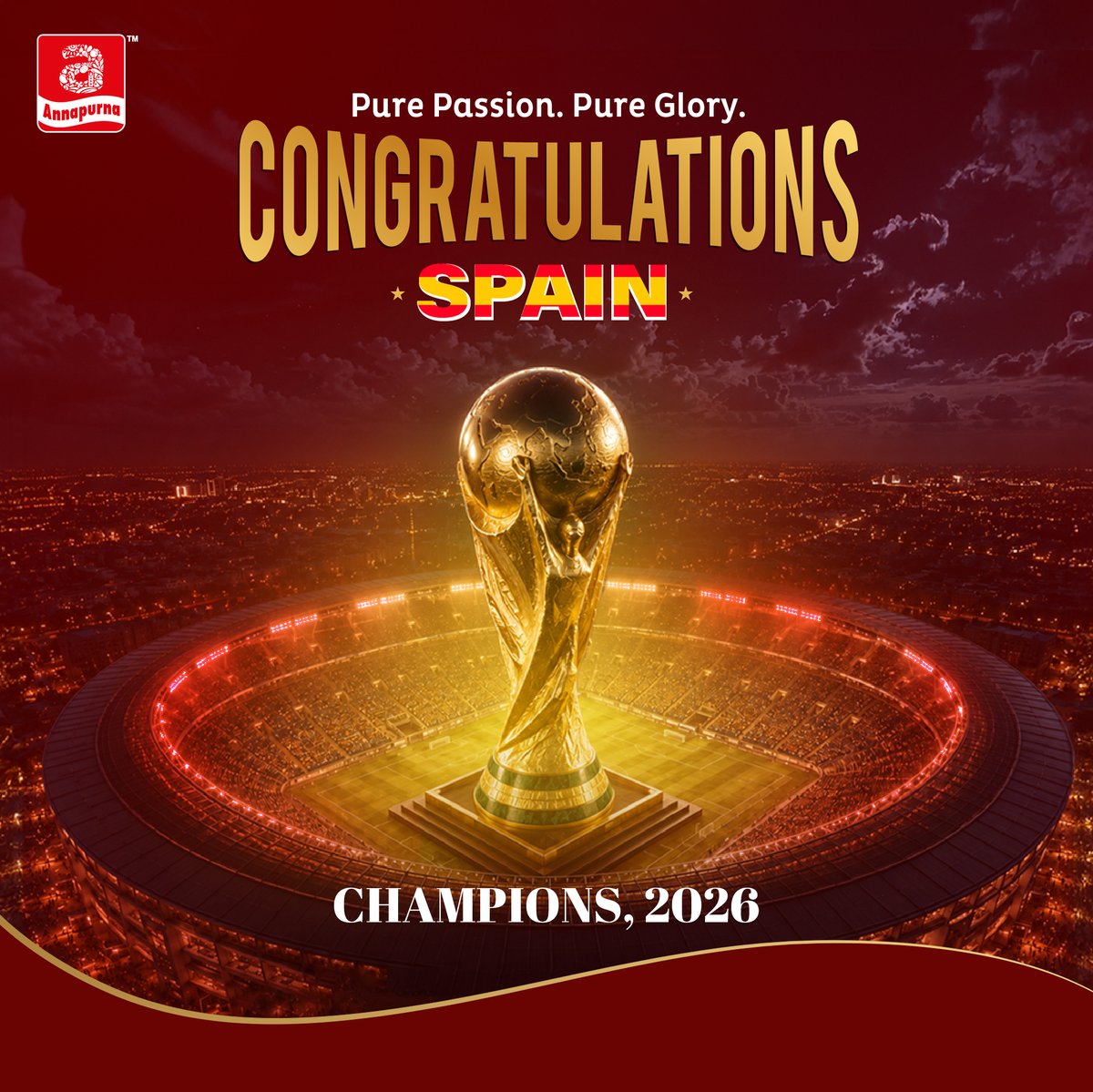 AnnapurnaGroup_'s tweet photo. Congratulations, Spain, on lifting the FIFA World Cup 2026 trophy! 🏆🇪🇸
Here's to a victory driven by the pure passion of the game!
#CongratulationsSpain #FIFAWorldCup #WorldCup2026 #AnnapurnaGroup #YourRightToPurity https://t.co/DAox5MmsiR