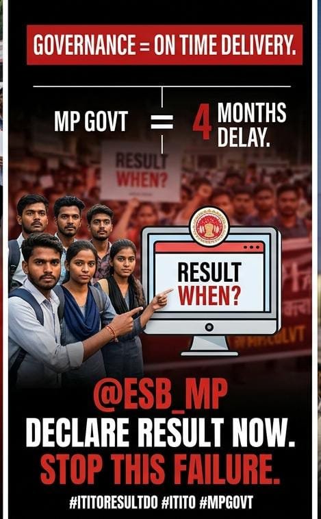 AmitNem78433491's tweet photo. How Govt is failing ITI TO students
1/4 Exam on time in March
2/4 Result delayed by 4 months 
3/4 No official update, only excuses
4/4 This is not governance. This is negligence.
@CMMadhyaPradesh @ESB_MP
#ITITORESULTDO #ITITO #MPGOVT @DrMohanYadav51 @JansamparkMP @TheSootr https://t.co/1MRMCsSmD4