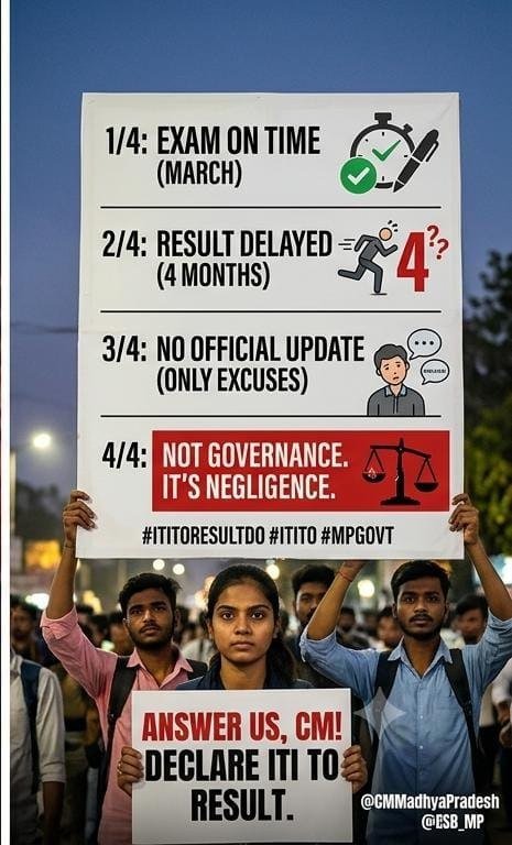 YashMehta2510's tweet photo. 4 महीने बीत गए।
मार्च में ITI TO एग्जाम हुआ।
सरकार की जिम्मेदारी थी समय पर रिजल्ट देना।
पर @ESB_MP से सिर्फ चुप्पी और "जल्दी आएगा"। यही है समय पर governance? @DrMohanYadav51 @JansamparkMP @TheSootr @DainikBhaskar @BhopalSamachar 
@IndianExpress
#ITITORESULTDO #ITITO #MPGOVT https://t.co/VWG7wz8QJ6