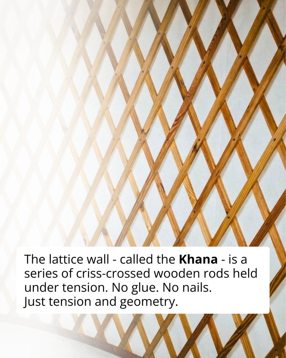 theoutfactory's tweet photo. The lattice wall is not decoration. 
It is the structure under tension that holds the entire yurt together. 
Here is the engineering behind the most beautiful wall you have been inside.

#latticewall #yurtengineering #yurtanatomy #theoutfactory #unthink https://t.co/UoEJJkW783