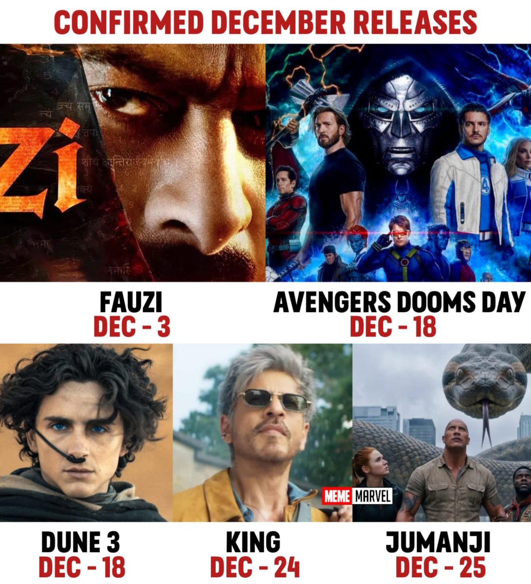 theMemeMarvel's tweet photo. Confirmed december releases

#Fauzi #Avengersdoomsday #Dune3 #King #Jumanji https://t.co/ivnugwGSQV