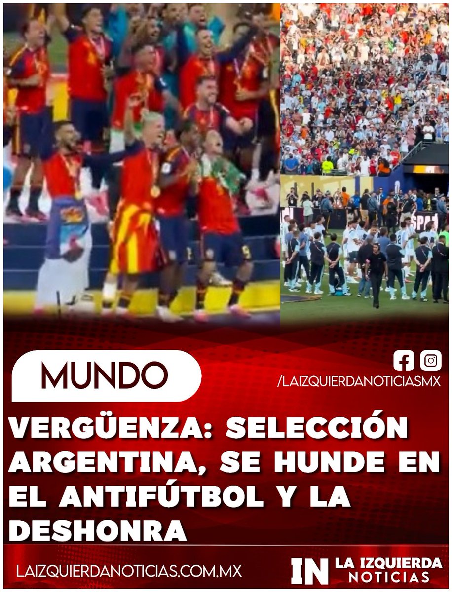 IzqNoticiasMx's tweet photo. ¡MALOS  PERDEDORES! Lo que hizo Argentina fue puro  berrinche de mal perdedor.  No pudieron ganar en la cancha y fuera de ella se les cayó todo el  teatrito. Darle la espalda y no aplaudir al Campeón lo exhibe como los  que son https://t.co/w2GyRmbmlg