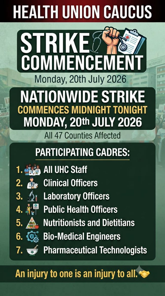 Genesismwanzo1's tweet photo. All OPDs, special clinics, laboratories, Public Health offices and pharmacy services in public health facilities across all 47 counties will be non operational today due to the nationwide health workers' strike. Public healthcare services will remain disrupted until the government addresses the workers' grievances and reaches a resolution with the unions.