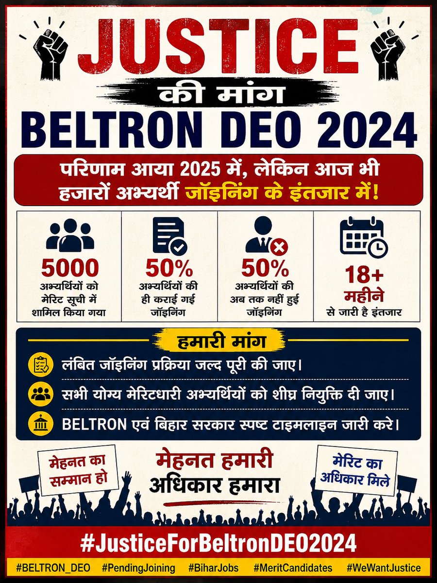 adityapaswanx's tweet photo. #JusticeForBeltronDEO2024 #BELTRON_DEO #PendingJoining  #MeritCandidate

@officecmbihar @samrat4bjp @bsedc
@ditbihar @yadavtejashwi @mishranitish

कृपया BELTRON DEO 2024 के लंबित जॉइनिंग मामले पर संज्ञान लें और योग्य अभ्यर्थियों को न्याय दिलाने में सहयोग करें। https://t.co/CRfBrMPLzz