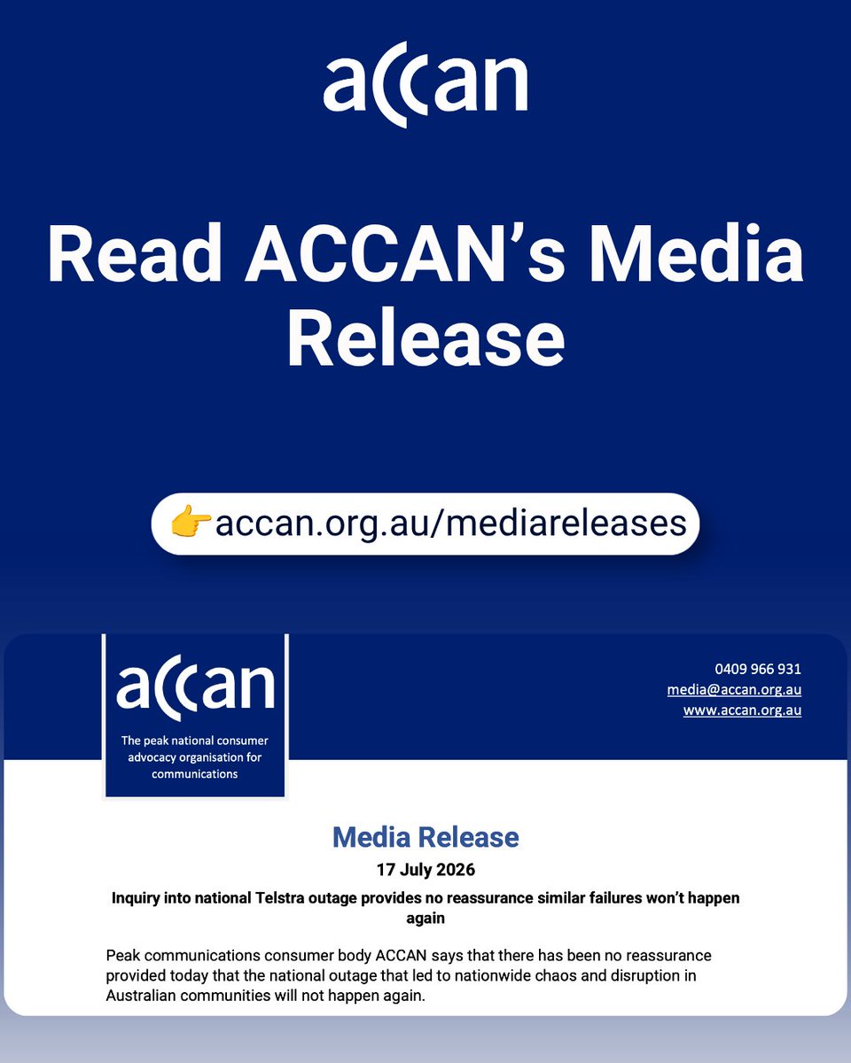 ACCAN_AU's tweet photo. Friday's Senate inquiry heard the 8 July #Telstraoutage could have been avoided: Telstra didn't act on a known software fix. Telecommunications is an essential service and should have enforceable reliability standards, the way energy already does.
https://t.co/MsAtqFqDAA https://t.co/bRvXy2eOWC