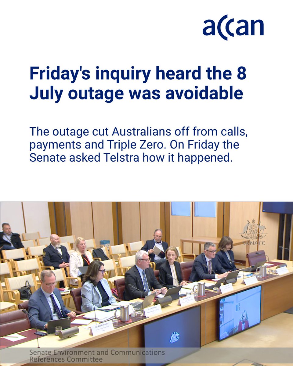 ACCAN_AU's tweet photo. Friday's Senate inquiry heard the 8 July #Telstraoutage could have been avoided: Telstra didn't act on a known software fix. Telecommunications is an essential service and should have enforceable reliability standards, the way energy already does.
https://t.co/MsAtqFqDAA https://t.co/bRvXy2eOWC