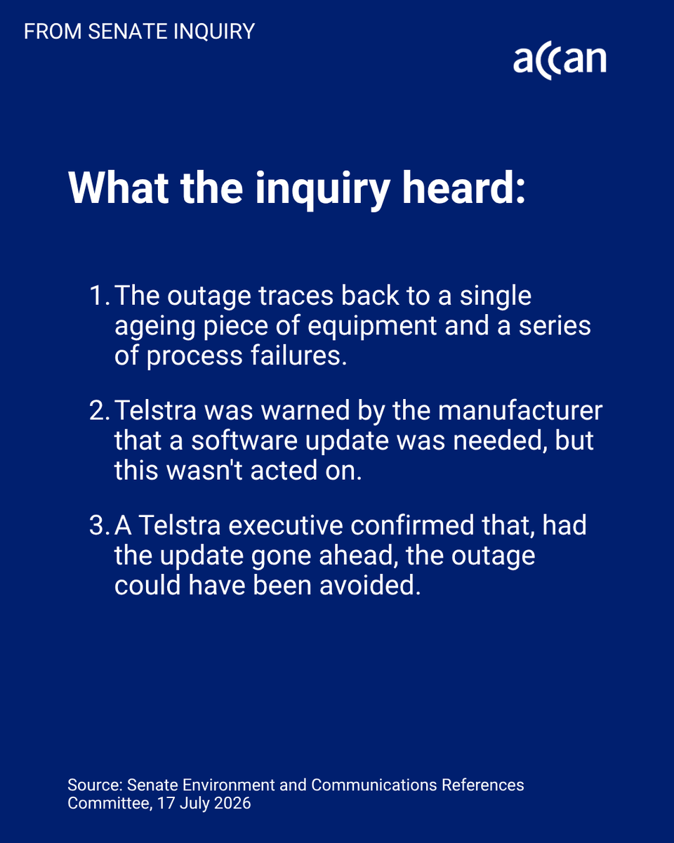 ACCAN_AU's tweet photo. Friday's Senate inquiry heard the 8 July #Telstraoutage could have been avoided: Telstra didn't act on a known software fix. Telecommunications is an essential service and should have enforceable reliability standards, the way energy already does.
https://t.co/MsAtqFqDAA https://t.co/bRvXy2eOWC