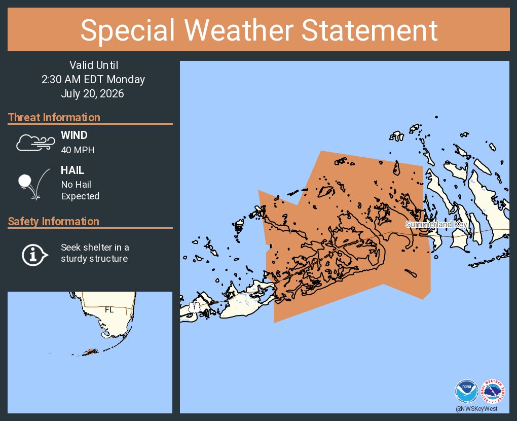 NWSKeyWest's tweet photo. A special weather statement has been issued for Monroe County, FL until 2:30 AM EDT https://t.co/rqlApoCJJc