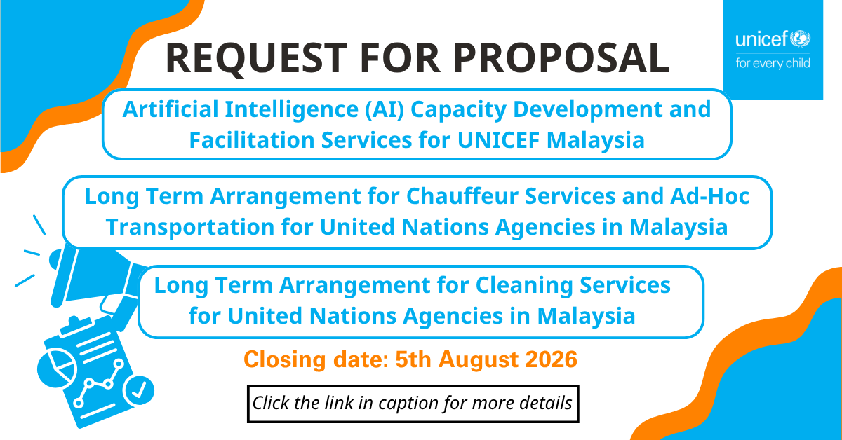 myUNICEF's tweet photo. UNICEF invites qualified suppliers to apply. 
1: AI Training Provider
🔗https://t.co/haFrdB6dg5

2: Long Term Arrangement for Chauffeur Services and Ad-Hoc Transportation
🔗https://t.co/FG8JjOrFGO

3: Long-Term Arrangement for Cleaning Services
🔗https://t.co/zUvenI5ldJ https://t.co/zvsh0saY2x