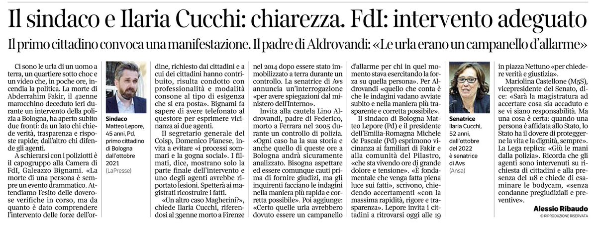 francofontana43's tweet photo. Bologna come Minneapolis?
 Il sindaco e Ilaria Cucchi: chiarezza 
FdI ritiene l’intervento “adeguato”
(Talmente adeguato che il malcapitato è morto)
Alessio Ribaudo, @Corriere https://t.co/WkMSLqEttI