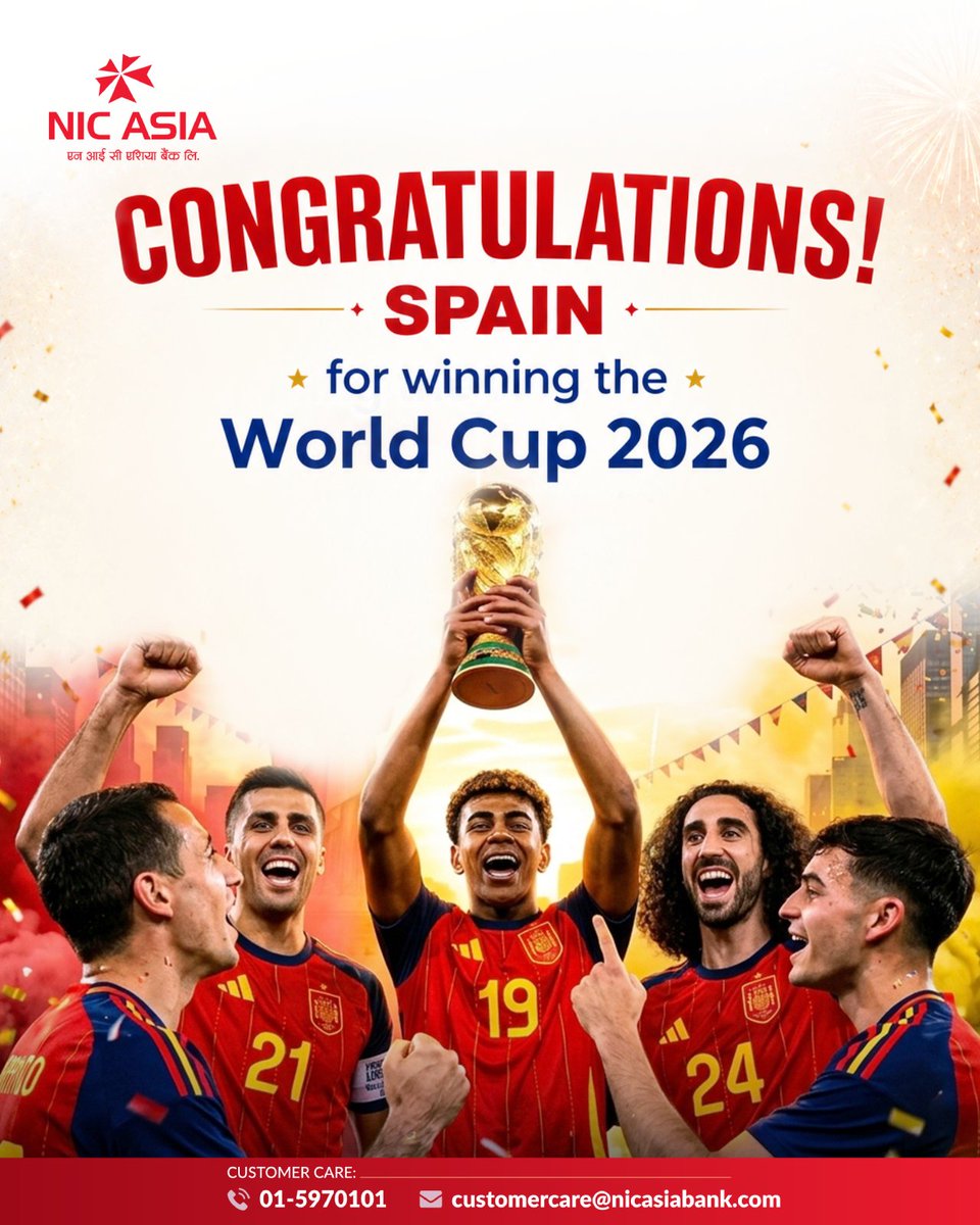 NICASIABank's tweet photo. Champions of the World! Congratulations to Spain on winning the FIFA World Cup 2026. 🏆
#NICASIABank #WorldCup2026 #Congratulations #Spain https://t.co/ilS40zKmWV