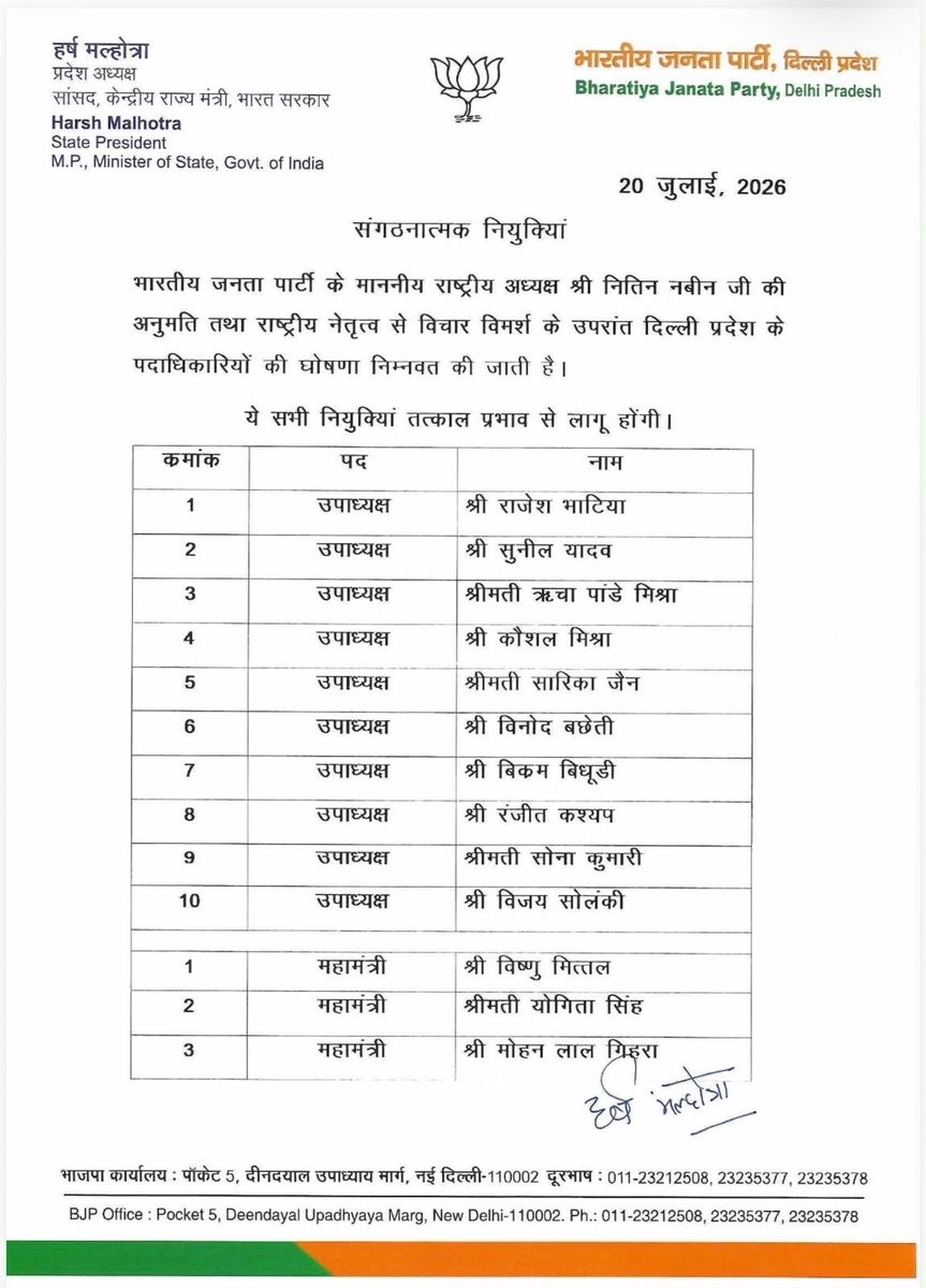 KapilMishra_IND's tweet photo. भाजपा दिल्ली प्रदेश के सभी नवनियुक्त पदाधिकारियों को हार्दिक शुभकामनाएँ

प्रधानमंत्री श्री @narendramodi जी के 'देश नहीं झुकने दूंगा' संकल्प को और मजबूती के साथ आप धरा पर साकार करें, ऐसी मेरी शुभकामनाएं हैं

आशा करता हूँ आप सभी राष्ट्रीय अध्यक्ष श्री @NitinNabin जी व प्रदेश अध्यक्ष श्री @hdmalhotra जी के मार्गदर्शन में संगठन की विचारधारा व सेवाभाव को सशक्त बनाते हुए संगठन को नई ऊँचाइयों तक ले जाएंगे