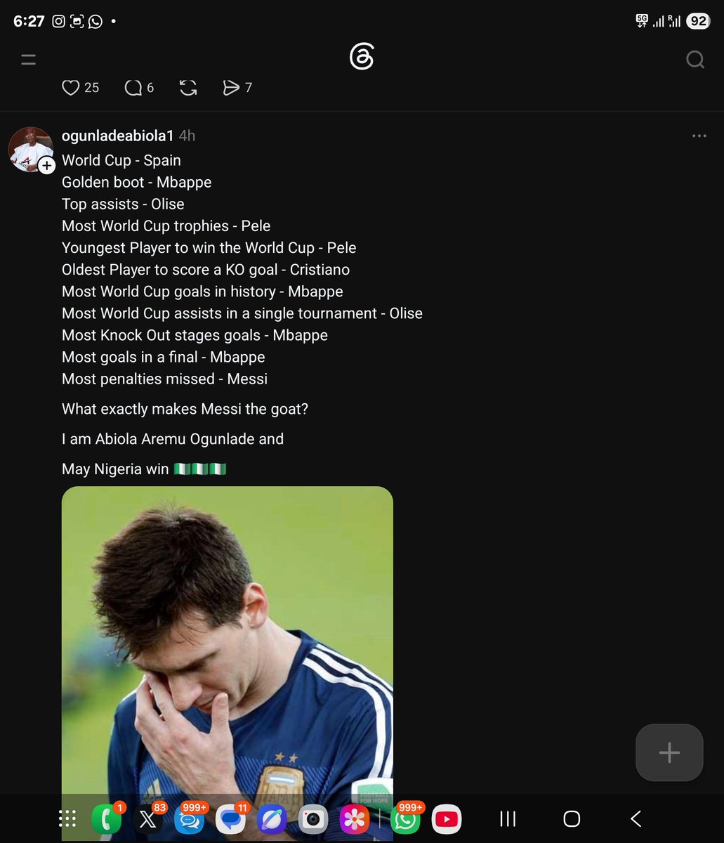 pshegs's tweet photo. From the world cup draws, Argentina's group was changed. They played AFCON from group stages. Their 'first' world cup match was with England, and just look at this embarrassment at a world cup final! 

If I hear pim from any Messi Fan! 

Some whatapp groups will cry today! https://t.co/pBaAB0Is1n
