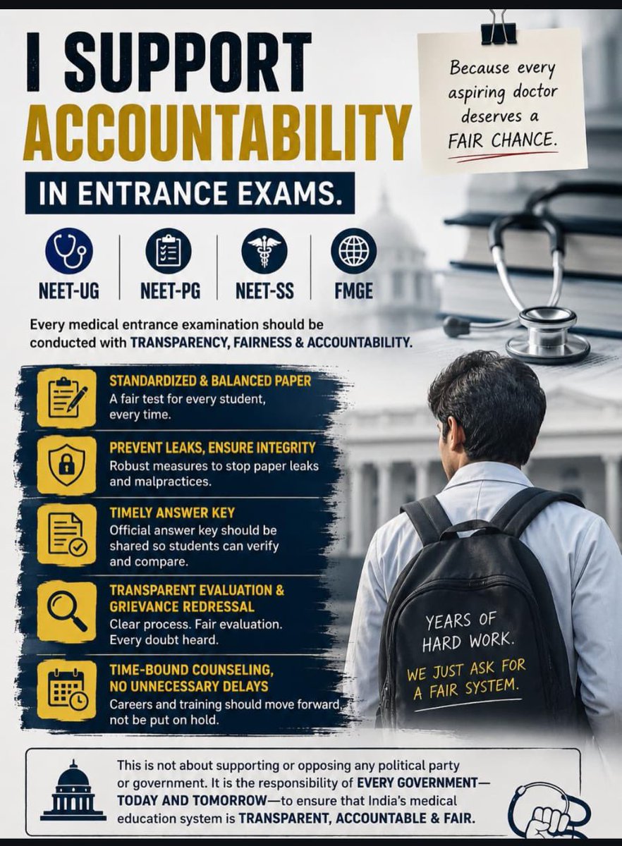 drjaswantvoice's tweet photo. India’s future lies in the hands of its students, and their future depends on a fair, transparent, and accountable education system.
Hon’ble Prime Minister Shri Narendra Modi Ji, we humbly request your kind intervention to:
• Ensure zero tolerance for paper leaks and examination malpractice.
• Strengthen transparency and accountability in all competitive examinations.
• Blacklist agencies and companies that repeatedly fail to conduct examinations responsibly.
• Take strict action against those who compromise the future of lakhs of students.
A transparent and trustworthy examination system is essential to safeguard the dreams of India’s youth.

#StudentsFirst #ExamTransparency #EducationReform #StopPaperLeak #fmge #nbe  #pmo @PMOIndia @rashtrapatibhvn @JPNadda @dpradhanbjp @IndianGov