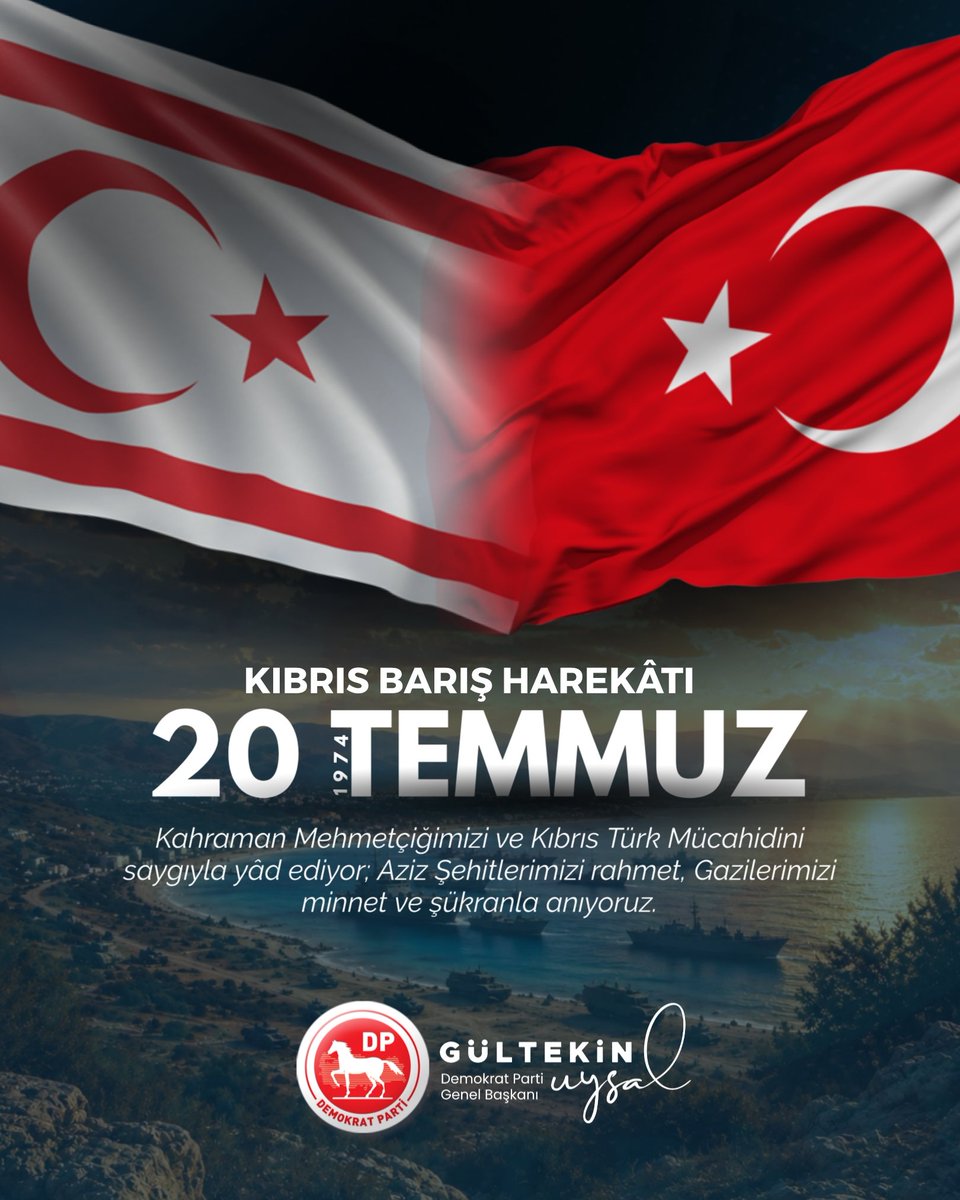 DpGultekinUysal's tweet photo. 20 Temmuz 1974 Kıbrıs Barış Harekâtı’nın 52. yıl dönümünde; Kıbrıs Türk halkının varlığını, güvenliğini ve hürriyetini korumak adına verilen onurlu mücadelenin gururunu bir kez daha yaşıyoruz.

Türkiye’nin uluslararası hukuktan doğan garantörlük hakkını kullanarak, Milletinin ferdinin hukukunu korumak düsturuna sahip devlet anlayışıyla gerçekleştirdiği Kıbrıs Barış Harekâtı, sadece bir askerî operasyon değil; barışın tesisi, insan hayatının korunması ve Türk Milletinin geleceğinin yalnız Kıbrıs'ta değil tüm bölgede güvence altına alınması adına atılmış tarihi bir adımdır.

Bu vesileyle, başta dönemin Başbakanı Bülent Ecevit olmak üzere harekâtın başarıyla icrasında emeği geçen devlet adamlarını, 1964 Harekâtı üzerine Türk Silahlı Kuvvetlerinin 'elbet bir gün' adaya müdahale etmek zorunda kalacağını bilerek askeri envanterin gereği hale getirilmesi emrini veren, TSK'nın modernizasyonu için gayret sarfeden Merhum Cumhurbaşkanımız Süleyman Demirel'i, kahraman Mehmetçiğimizi ve Kıbrıs Türk Mücahidini saygıyla yâd ediyor; Aziz Şehitlerimizi rahmet, gazilerimizi minnet ve şükranla anıyoruz.

Kıbrıs Türkü’nün haklı davası, Türkiye Cumhuriyeti’nin milli meselesidir. Adada adil, kalıcı ve iki tarafın eşitliğine dayalı bir barışın tesisi en büyük temennimizdir.