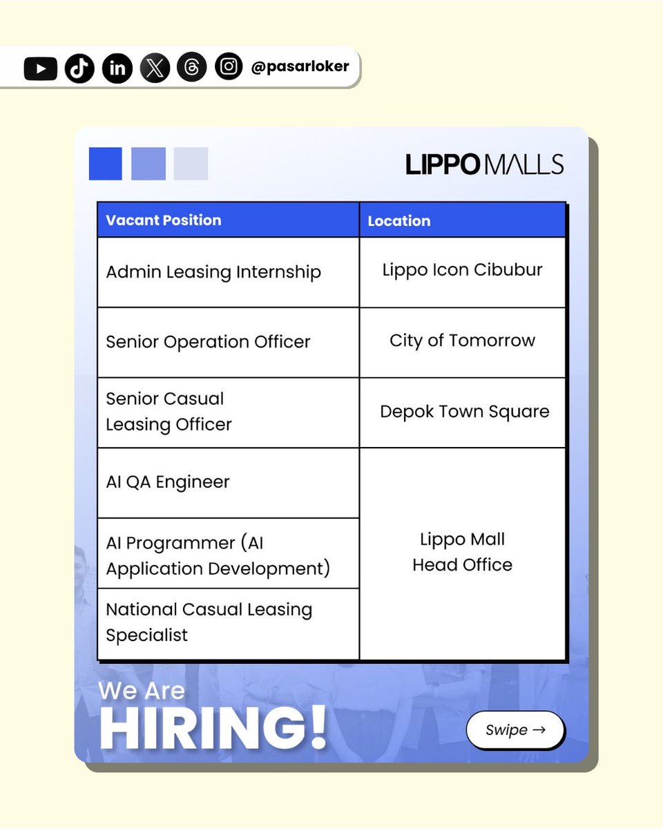 Pasarloker's tweet photo. Lowongan Kerja Lippo Malls Juli 2026, untuk;
Total 12 Posisi
Penempatan; Seluruh Indonesia
Baca Selengkapnya👇
https://t.co/VV4dfyOYg1
#pasarloker #lokerindonesia #lokernasional #lokerjuli2026 #lippomalls https://t.co/bvLfWj3IZ2