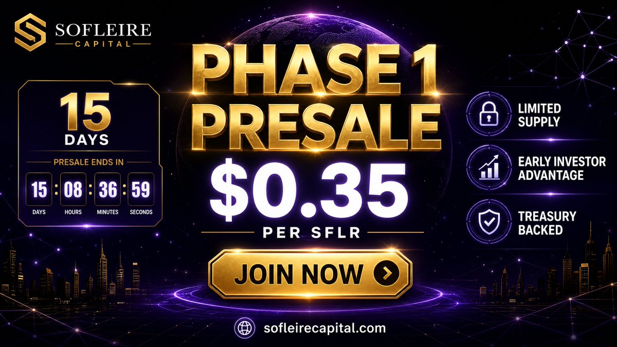 sofleirecapital's tweet photo. 🔥 PHASE 1 PRESALE LIVE 🔥

$0.35 per SFLR

15 days only
Limited allocationEarly investors get institutional-grade DeFi backed by real assets.✓ 60% Digital Assets
✓ 30% US Bonds
✓ 10% StablecoinsThis is infrastructure
 Not hype.

→ Join now

 https://t.co/RKcKeryNrg

#SofleireCapital #DeFi #Presale #Web3 #Crypto #solana