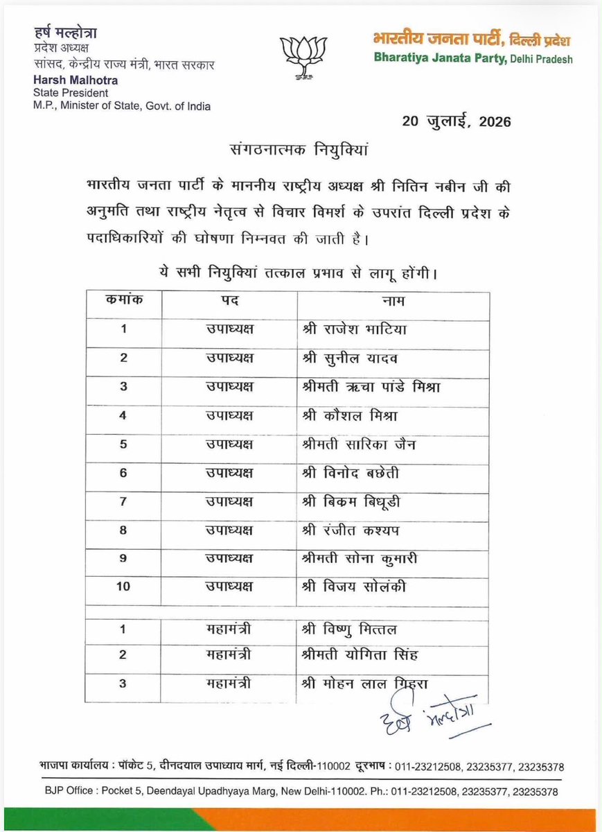 gupta_rekha's tweet photo. भारतीय जनता पार्टी, दिल्ली प्रदेश के सभी नवनियुक्त पदाधिकारियों को हार्दिक बधाई एवं शुभकामनाएं।

भारतीय जनता पार्टी का प्रत्येक दायित्व सेवा, समर्पण और राष्ट्र प्रथम के संकल्प को जन-जन तक पहुंचाने का एक महत्वपूर्ण अवसर है। आदरणीय प्रधानमंत्री श्री @narendramodi जी के विकसित भारत के विजन तथा राष्ट्रीय अध्यक्ष श्री @NitinNabin जी के नेतृत्व में संगठन निरंतर जनविश्वास का विस्तार कर रहा है।

माननीय प्रदेश अध्यक्ष श्री हर्ष मल्होत्रा जी के नेतृत्व में गठित यह टीम संगठन की विचारधारा को जन-जन तक पहुंचाने के साथ केंद्र और दिल्ली सरकार की जनकल्याणकारी योजनाओं को अंतिम व्यक्ति तक पहुंचाते हुए विकसित दिल्ली और विकसित भारत के संकल्प को और सशक्त करेगी।

@hdmalhotra 
@BJP4Delhi 

#ViksitDelhi