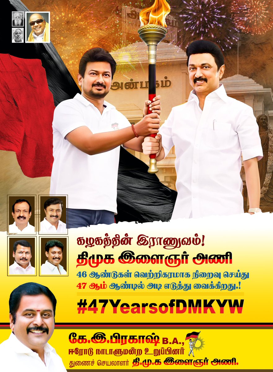 keprakashdmk's tweet photo. கழகத்தின் இராணுவம் – திமுக இளைஞர் அணி!

இலட்சியத்தை நெஞ்சில் சுமந்து, சமூகநீதியை வழிகாட்டியாகக் கொண்டு, கழகத்தின் வலிமைமிக்க படையாக செயல்பட்டு வரும் திராவிட முன்னேற்றக் கழக இளைஞர் அணி, வெற்றிகரமாக 46 ஆண்டுகளை நிறைவு செய்து, 47ஆம் ஆண்டில் அடியெடு���்து வைக்கிறது.

இந்த மகத்தான பயணத்தில் உழைத்த முன்னோடிகளுக்கும், இன்று உறுதியுடன் களத்தில் பணியாற்றி வரும் கழக இளைஞரணி செயலாளர் மாண்புமிகு எதிர்க்கட்சி தலைவர் திரு. உதயநிதி ஸ்டாலின் அவர்களுக்கு அனைத்து இளைஞர் அணி நிர்வாகிகளுக்கும், தோழர்களுக்கும் மனமார்ந்த வாழ்த்துகள்.

@mkstalin

#KEPrakash #DMK #Erode #ErodeMP
