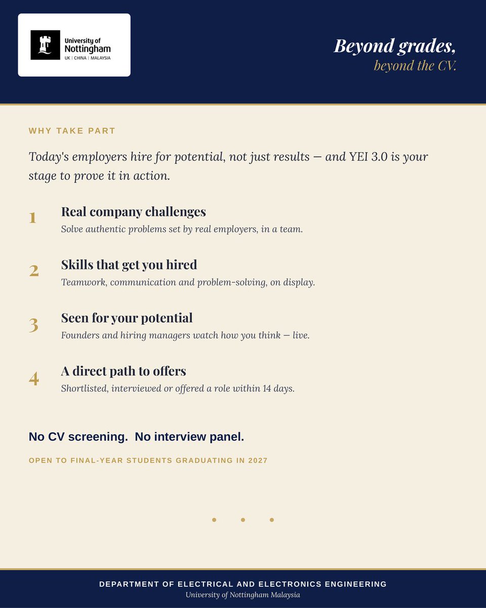 UNM_EE_Eng's tweet photo. Youth Employment Initiative (YEI) 3.0

23–24 September 2026 · Menara Chin Hin, Kuala Lumpur. Open to students graduating in 2027.

Apply by 31 August 2026: https://t.co/0zD89Otqu5 https://t.co/SkwSrmn21I