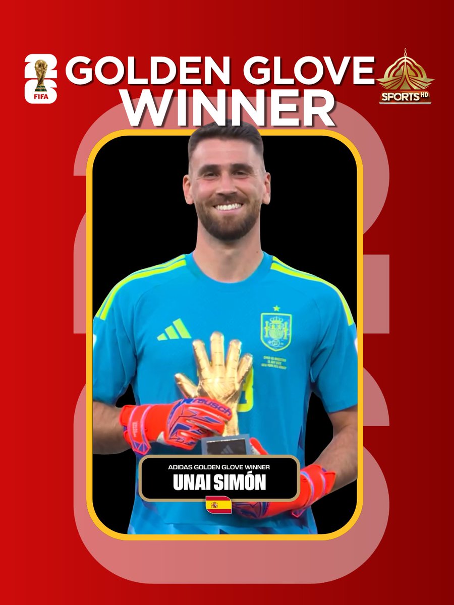 PTVSp0rts's tweet photo. An absolute wall! 🧤 🇪🇸 Unai Simón of Spain takes home the Golden Glove after a stellar tournament. 🌍🏆⚽

Was this the best goalkeeping performance of the tournament? 👇

#FIFAWorldCup2026 #PTVSports #KickOffPTV #FIFAFinal https://t.co/9fbnYDRQ1U