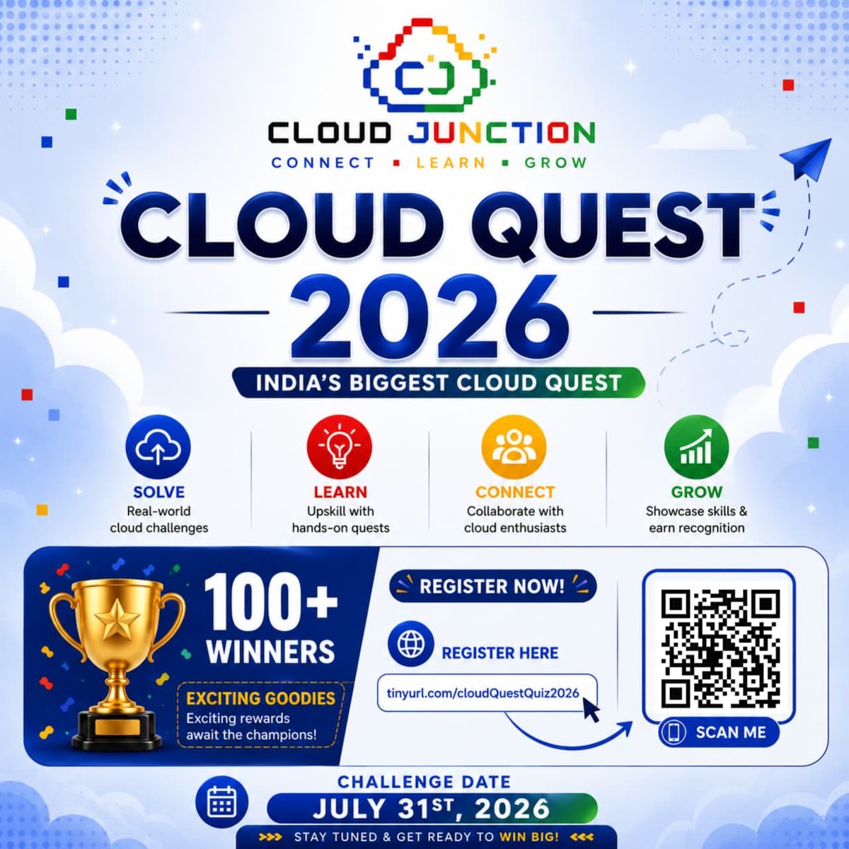 CodeWitMehru's tweet photo. Taking a break from my Next.js builds to crush Cloud Quest 2026! ☁️ Hosted by @CloudJunctionIN , it's the ultimate chance to solve cloud challenges &amp; win big. 🏆

RT &amp; drop a ☁️ below if you're joining me on July 31st! 

#CloudJunction #CloudQuiz26 #IndiasBiggestCloudQuiz https://t.co/iPa0Vlf34h