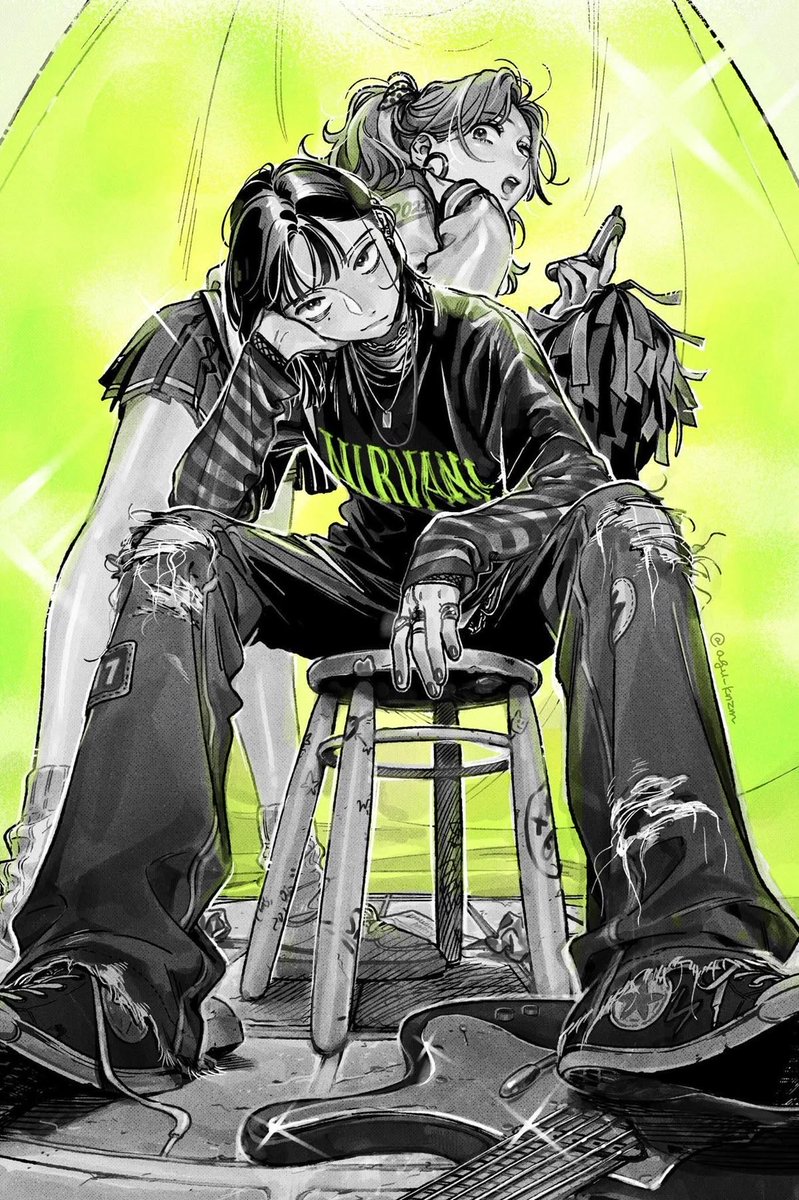 stella_trix's tweet photo. @ughfinewhatever it’s a yuri manga with green incorporated in all of the art!! they start off in high school but are now in college, and their love for 90s rock is a metaphor for their queerness https://t.co/gdKh3MZDNF