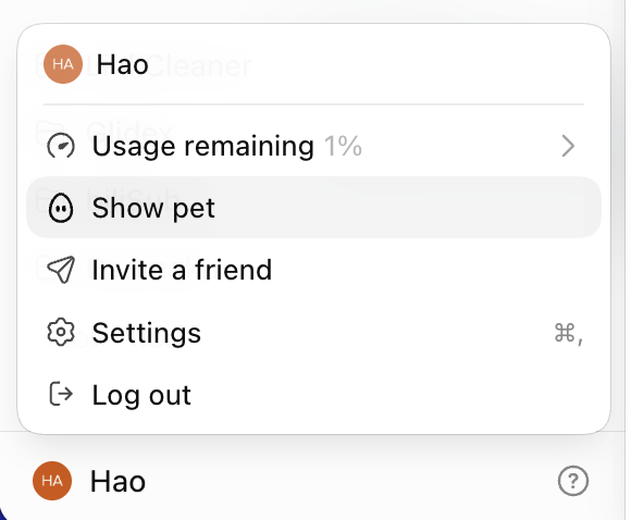 jhao941's tweet photo. hey @thsottiaux 
the ''show pet'' button in the chatgpt app always appears a bit late and every time i wanna check my usage i end up clicking the ''show pet'' button instead
just a minor bug but i hope it gets fixed soon! https://t.co/OaAdEBO6z5