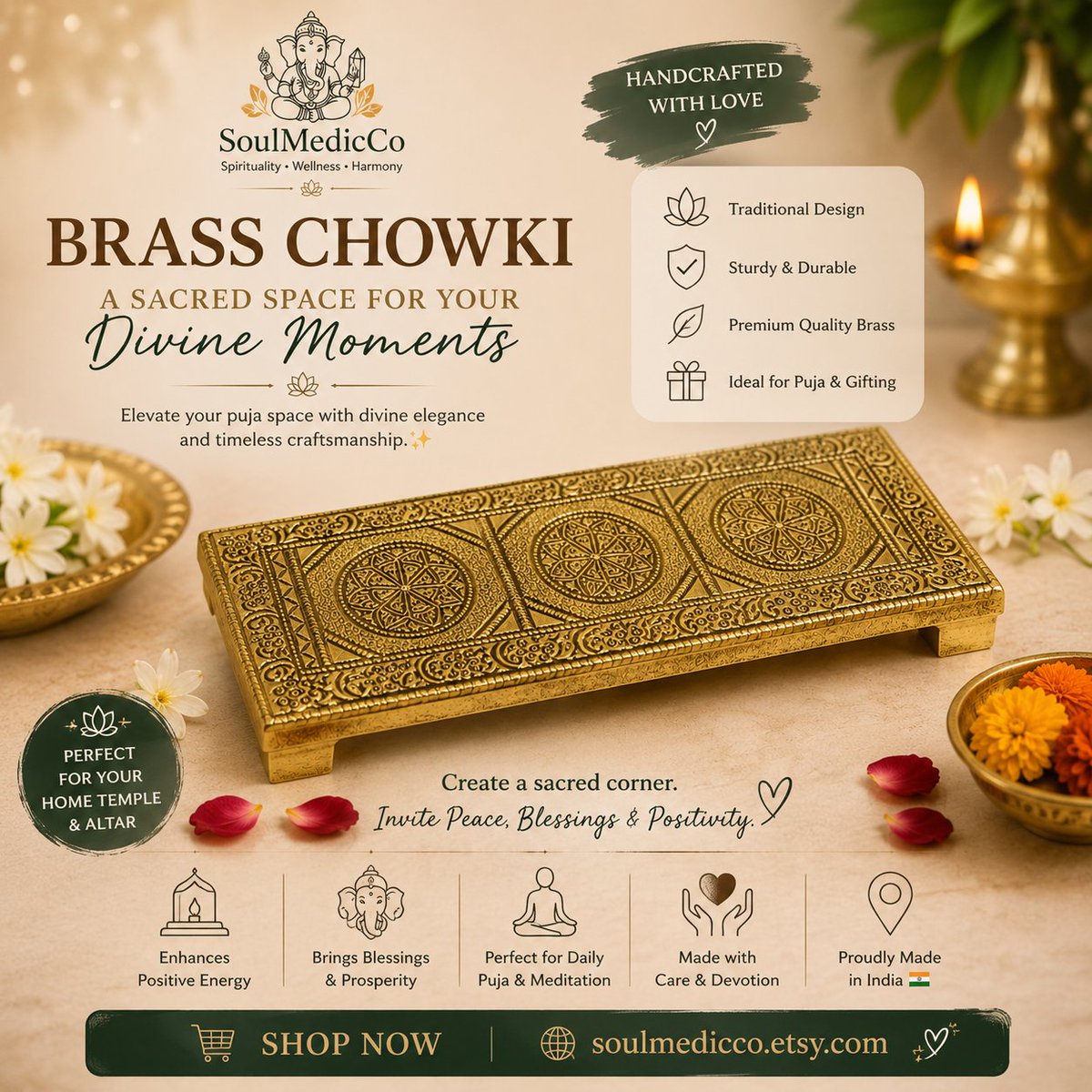 SoulMedicCo's tweet photo. A sacred space doesn't need to be large—it just needs intention. 🙏✨

Our handcrafted brass chowki is designed to elevate your daily prayers, meditation, and cherished rituals.

🇮🇳 Handmade in India
🌍 Ships worldwide

🛍️ https://t.co/FNteU5BJho

#BrassDecor #PujaDecor #Temple https://t.co/Ehh9d6yAEJ