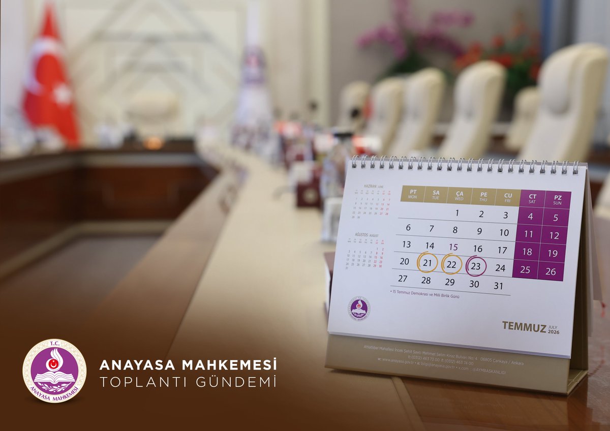 AYMBASKANLIGI's tweet photo. Anayasa Mahkemesinin bu haftaki Genel Kurul ve Bölümler gündemine aşağıdaki bağlantılardan ulaşabilirsiniz.

👉 İkinci Bölüm Gündemi (21.7.2026): https://t.co/itUC558Cw0

👉 Birinci Bölüm Gündemi (22.7.2026): https://t.co/KkMjSwcyT6

👉 Genel Kurul Gündemi (23.7.2026): https://t.co/lgNvUxZ5fD