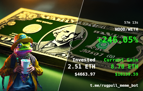 thigpin95688's tweet photo. 🚨 Trade Profit Tracker 🚨

🔔 HOOD/WETH

How to Rug pull $2k Meme Coin about 15 mins With Bot https://t.co/HHPh9er8IG

🗂 CA: 0x4B6feB9dFa3A26ad719dC8d939493E98525A47aC

💰 Profit: 246.05% | ⏱️ Time: 57m 13s

💸 Invested: 2.51 ETH | 💰 Gained: 8.70 ETH https://t.co/AK7wZjGHKo