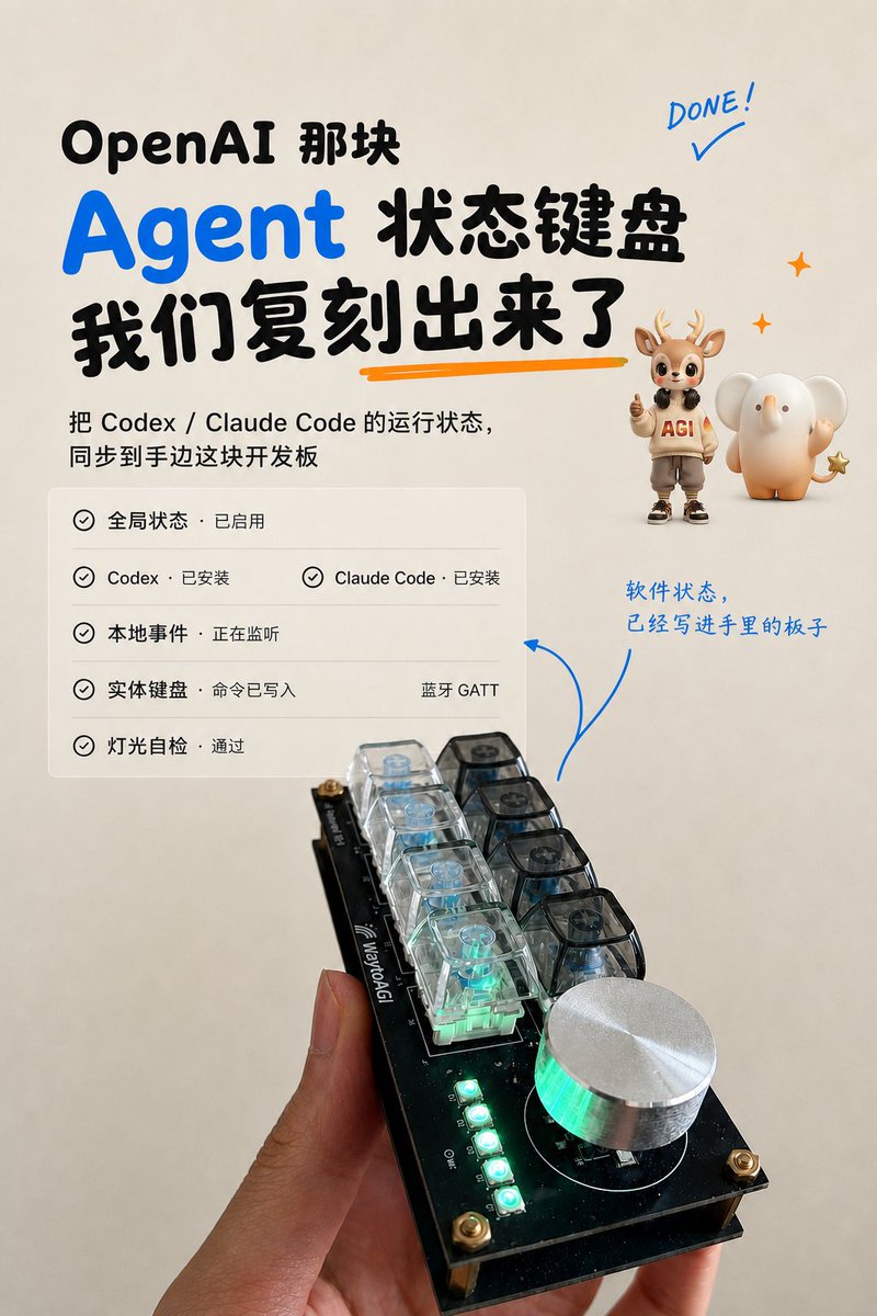 cychenyue's tweet photo. Codex Micro状态键盘，我做了个Codex＋CC版
把 Codex Micro 的 Agent 状态交互，复刻出来了。
不只支持 Codex，也支持 Claude Code。
思考、等待确认、运行报错，不用一直盯着终端，手边的灯就会告诉你。
算是把 AI 从屏幕里，带到了真实桌面上 https://t.co/s29HJ99zGx