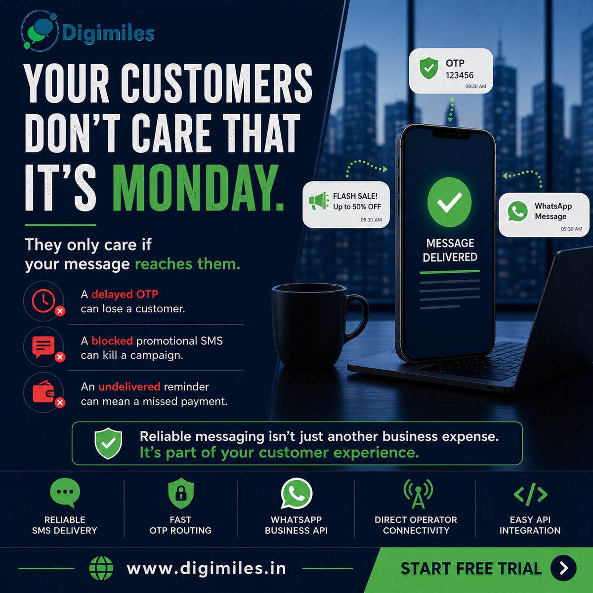 digimilesindia's tweet photo. ๐ Your customers don't care that it's Monday.
They only care if your OTP, reminder, or campaign reaches them on time.
Reliable messaging = Better customer experience.
๐ https://t.co/bZgpoYlFrT
#BulkSMS #WhatsAppAPI #OTPSMS #StartupIndia #Digimiles #SMSMarketing #SMS https://t.co/uaM2rgT4dF