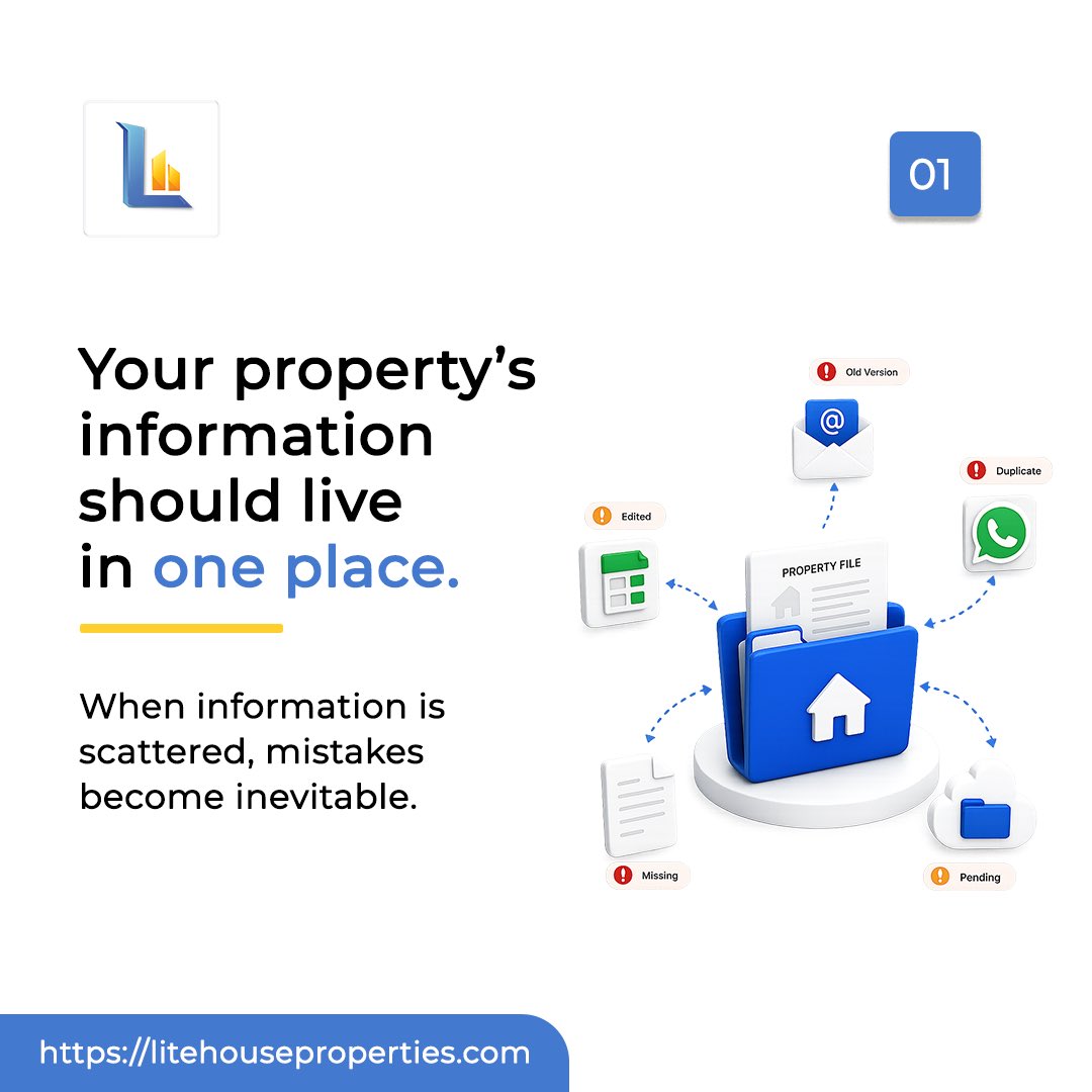 LiteHuzproprtez's tweet photo. One property record shouldn’t exist in five different places.

Scattered information slows decisions, creates duplicate work and increases operational risk.

Litehouse keeps everything in one place so your team works from one source of truth.

#PropTech #PropertyManagement https://t.co/IT9ALpOHxc