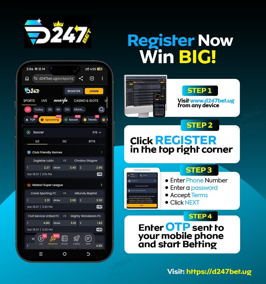 D247bet's tweet photo. Getting started is easy!

Follow the steps in the guide to register your D247bet account and start enjoying exciting promotions,great odds and endless action #D247Bet.ug https://t.co/jGS7jeKH6w