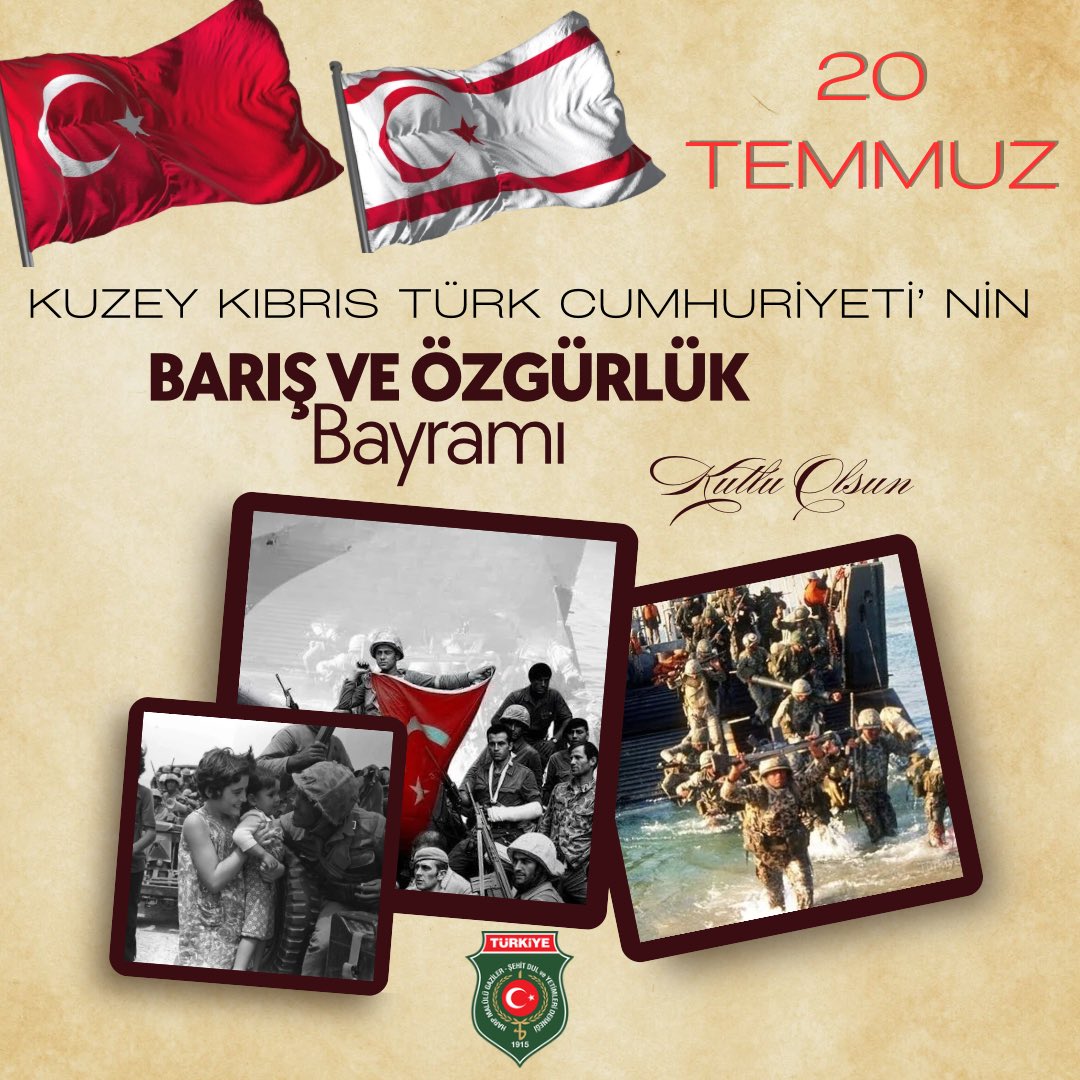 sehit_gazi_1915's tweet photo. 20 Temmuz 1974; Kıbrıs Türk halkının esarete boyun eğmeyip özgürlüğe, bağımsızlığa ve güven dolu yarınlara yürüdüğü, tarihe altın harflerle nakşedilmiş şanlı bir dönüm noktasıdır.

Kıbrıs Barış Harekâtı’nın 52. yıl dönümünde; bu destansı mücadelenin mimarı olan kahramanlarımızı, vatan uğruna canlarını feda eden aziz şehitlerimizi rahmet, minnet ve dualarla yâd ediyor; gazilerimize sonsuz şükranlarımızı sunuyoruz.

Bu anlamlı ve gurur dolu gün vesilesiyle, Kıbrıs Türk halkının 20 Temmuz Barış ve Özgürlük Bayramı’nı en içten dileklerimizle kutluyor; birlik, beraberlik ve kardeşliğimizin ilelebet daim olmasını temenni ediyoruz.

#20TemmuzBarışveÖzgürlükBayramıKutluOlsun

🇹🇷 Şehitlerimizi rahmetle, gazilerimizi minnetle anıyoruz.