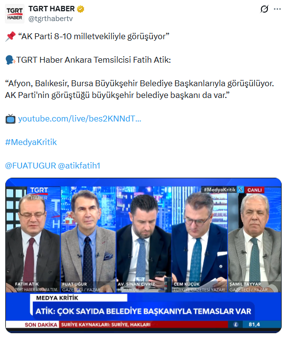 etkilihaberyeni's tweet photo. TGRT Ankara Temsilcisi Fatih Atik, Ocak ayında yaptığı açıklamada Afyon, Balıkesir, Bursa ve İzmit Belediye Başkanlarının CHP'den AKP'ye geçeceğini söylemişti.

Afyon Belediye Başkanı Burcu Köksal CHP'den AKP'ye geçerken, CHP'de kalacağını açıklayan Bursa Belediye Başkanı Mustafa Bozbey tutuklandı, CHP'de kalacağını açıklayan diğer isim İzmit Belediye Başkanı Fatma Kaplan Hürriyet ise bugün gözaltına alındı.
