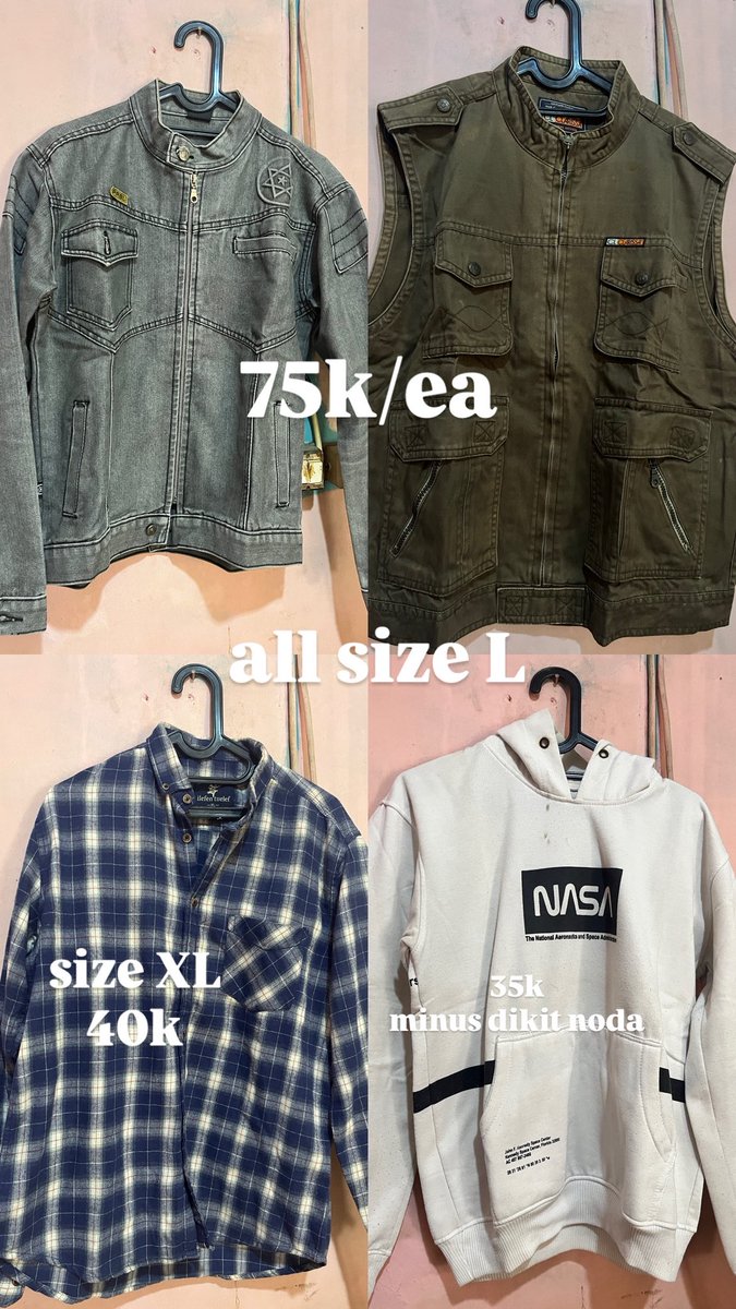 tiredael_'s tweet photo. WTS preloved 
jaket jeans,kemeja,hoodie,blazer,kebaya, atasan 

co by 🍊
price inc all 
📍detail DM me 
price net yoo, pemakaian pribadi keluarga akuu https://t.co/eD7k4cC0Kg