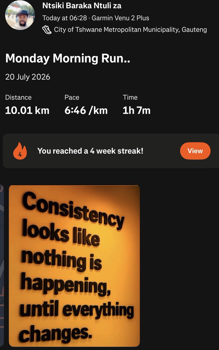 _NtsikiBaraka_'s tweet photo. Take a breath, ease into it,and let the rest of the week follow ππΎββοΈβ
.
#NOMAGICPILLS.
#NOSECRETDIET.
#NOSHORTCUTS.
#JUSTDEDICATION.
#Comrades2027 #TheUltimateHumanRace #SkaFelaMoya #Comrades27
#healthiswealth #mentalhealthawareness
#LiveLifewithVitality #skafelamoya https://t.co/vUw3aSxFuC