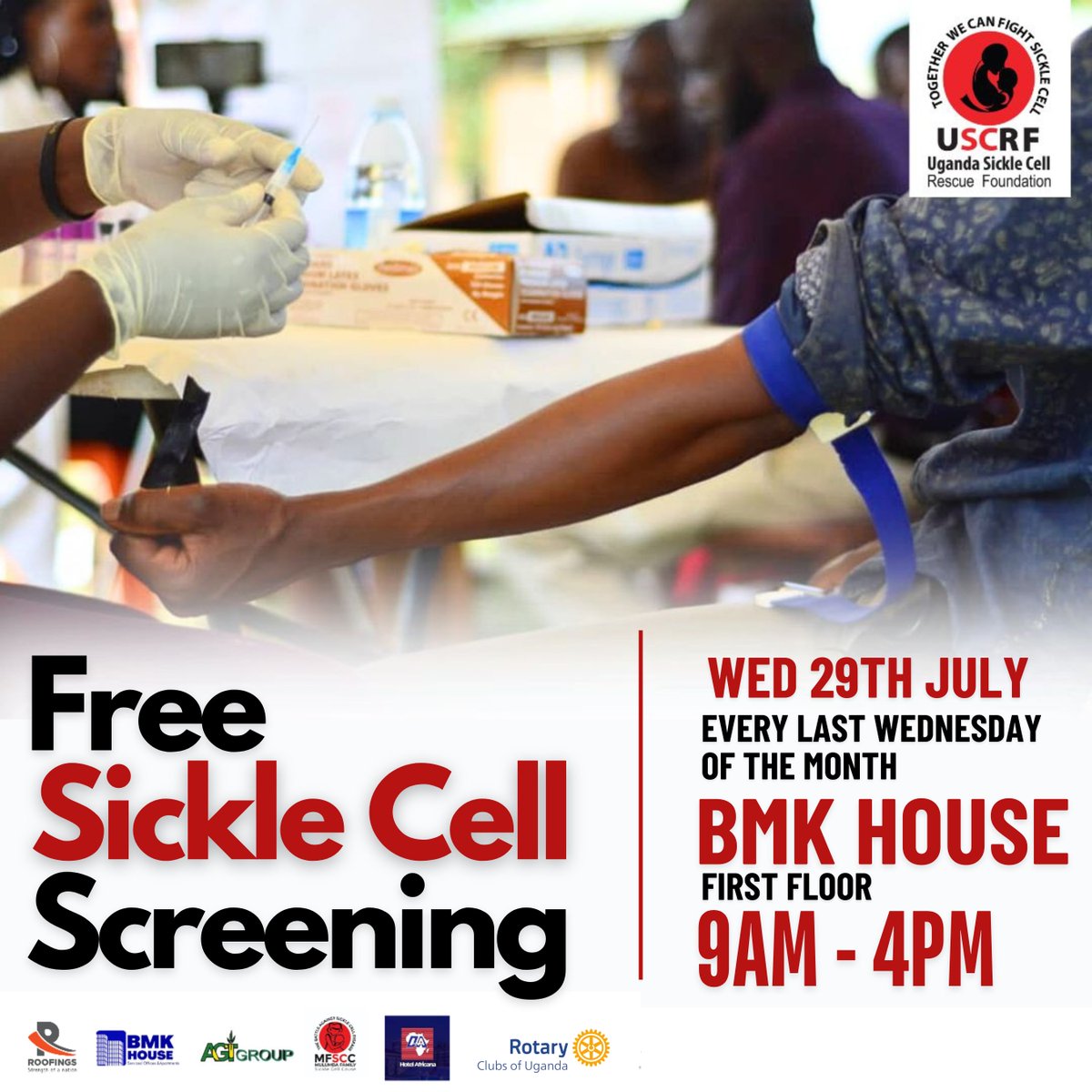 uscrfuganda's tweet photo. 🚨 Free Sickle Cell Screening Event!

​Know your status. Make informed decisions about your health and your future. Join the Uganda Sickle Cell Rescue Foundation at BMK House this Wednesday, July 29th, from 9 AM to 4 PM. Screening is available every last Wednesday of the month.

​Early detection can save lives and improve the quality of life for those living with Sickle Cell Disease. Let's work together for a healthier Uganda. 🇺🇬

#Togetherwecanfightsicklecell
​#SickleCellDisease #USCRF

@rotaryd9213 @rotaryd9214 @NsambyaHospital @jjkariisa @Microhaem @GgabaCorridor @nbstv