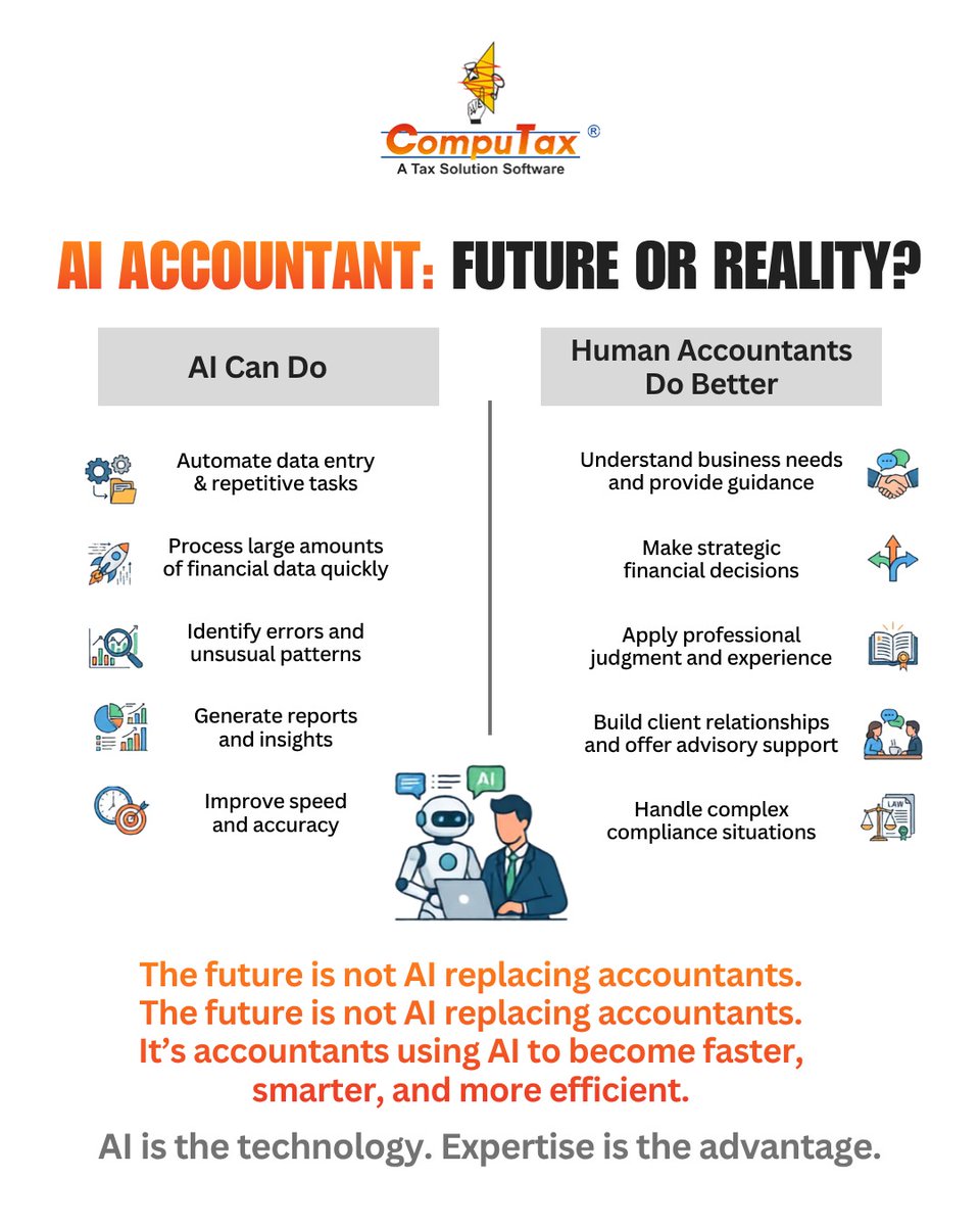 computaxonline's tweet photo. AI is transforming accounting, but it's not replacing accountants.

#computax #accounting #artificialintelligence #aiinaccounting #charteredaccountant #finance #taxation #automation #businessgrowth #financialplanning #accountingsoftware #futureofwork https://t.co/e1JfrDMryb