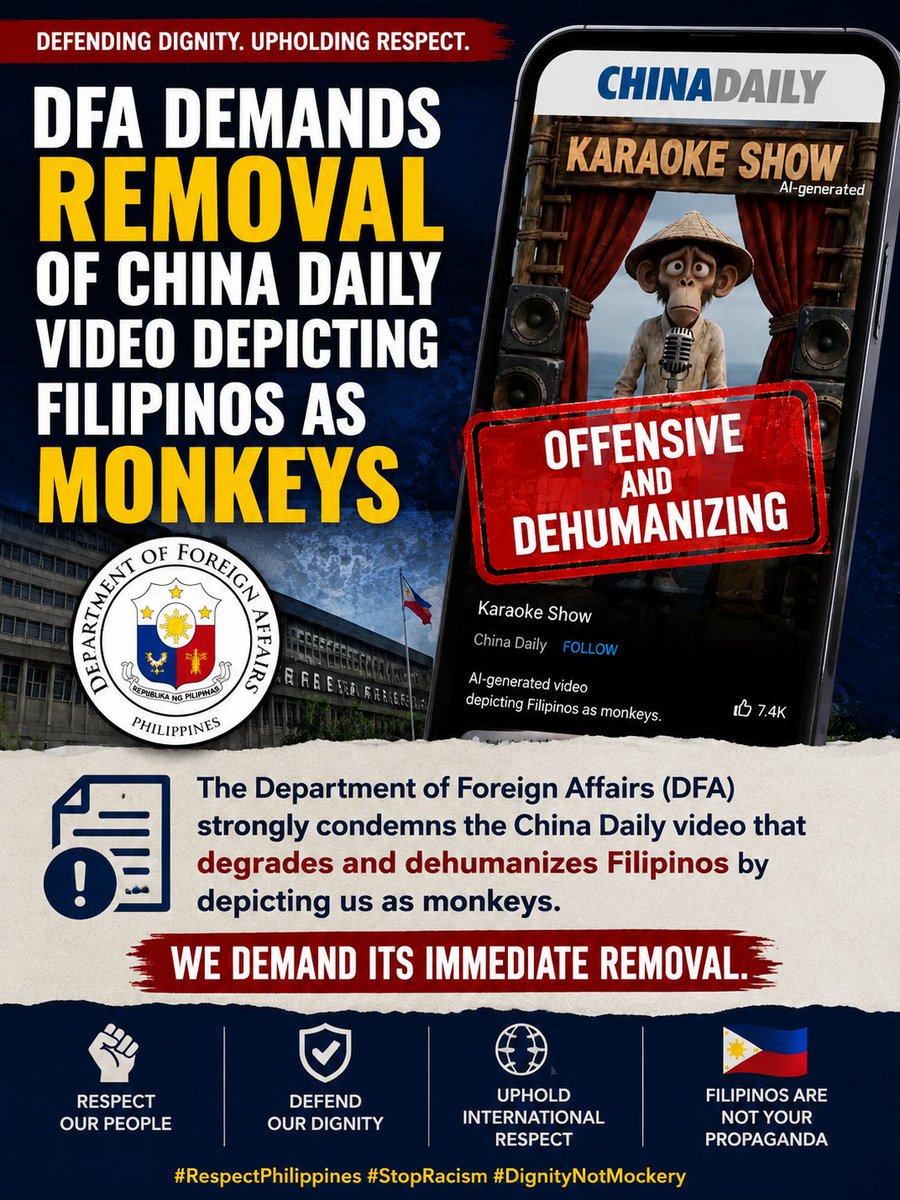 _bonzzzzz's tweet photo. DFA demands removal of China Daily video that depicts Filipinos as monkeys. We will not accept being mocked or disrespected.
Respect the Philippines. #RespectPhilippines #StopRacism https://t.co/mgjZm89VZU