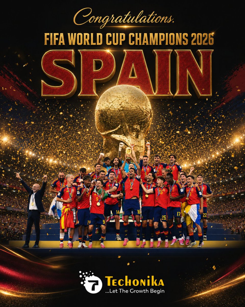 techonika's tweet photo. History made. Champions crowned. 

Congratulations to Spain on lifting the FIFA World Cup 2026 trophy! 

A victory built on passion, teamwork, and determination.

#Spain #FIFAWorldCup2026 #WorldChampions #Champions #Football #WorldCup #Victory #ChampionsAgain #TeamSpirit https://t.co/EV6MErIgEg