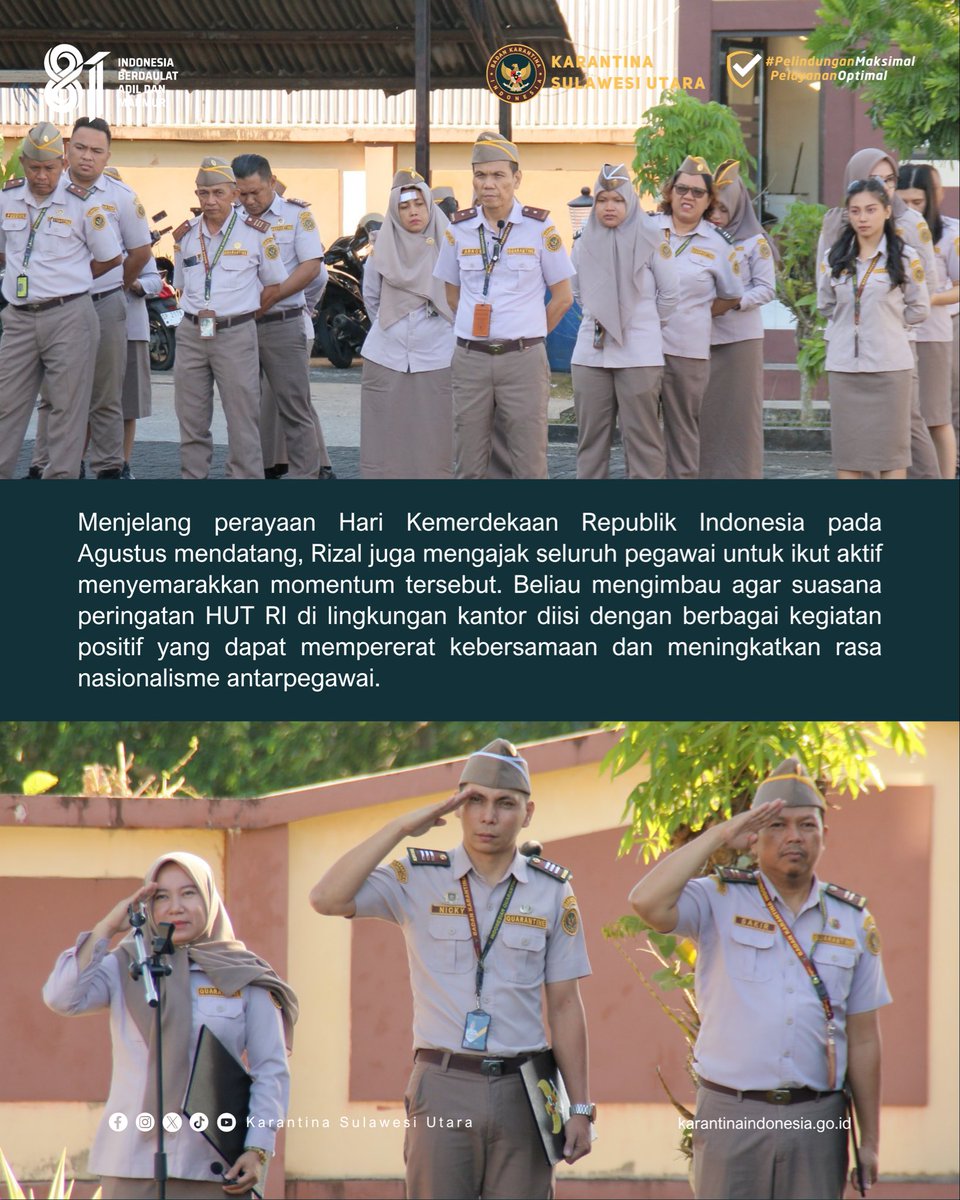 karantinasulut's tweet photo. Pimpin Apel Pagi, Kasubbag Umum #KarantinaSulawesiUtara Apresiasi Capaian Semester I dan Ajak Semarakkan HUT RI

#KarantinaIndonesia @BarantinRI https://t.co/4ze1fCsYux