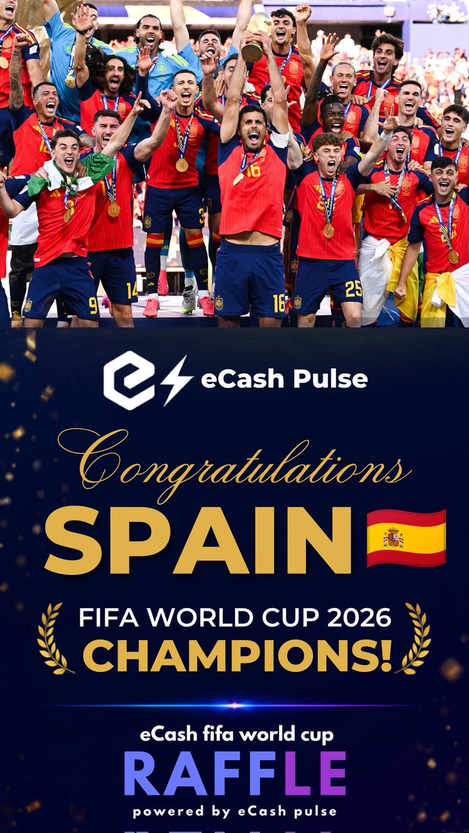 eCashPulse's tweet photo. 🎉 Congratulations to Spain &amp; @JardineCash for winning the @eCash Fifa World Cup Raffle powered by eCash Pulse ⚡

The winner was Paid 1,188,000 XEC (pot minus 1% platform fee which will be later airdropped to $XPULSE holders) 

$XEC #FifaWorldCup2026 #España https://t.co/tVgOPSbBao