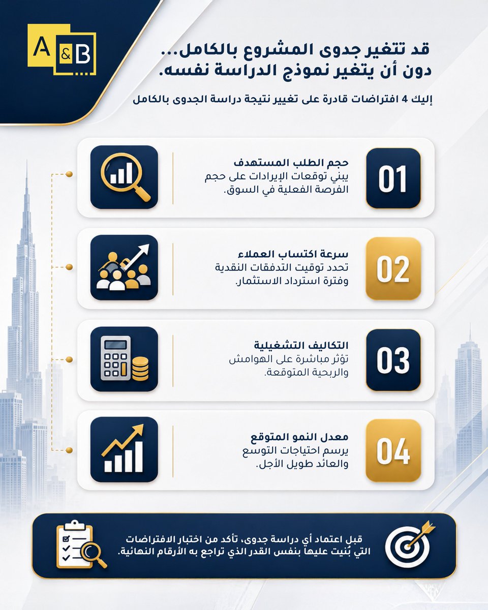 ABConsultingCo's tweet photo. النتائج المالية تبدأ من الافتراضات.

كل رقم في دراسة الجدوى يعتمد على مجموعة من الفرضيات: حجم الطلب، وسرعة النمو، والتكاليف، وتوقيت التدفقات النقدية. ومع تغير أيٍ منها، تتغير الصورة الاستثمارية بالكامل.

تابع 👇 https://t.co/O48RrVJtnx