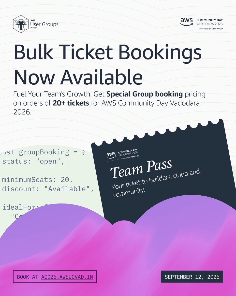 awsugbdq's tweet photo. Growth compounds when the whole team shows up. 🧡

Bulk Ticket Bookings for ACD'26 are open. 20 or more tickets, special group pricing unlocked.

September 12, Vadodara. 

https://t.co/2URyh2TqOw

#ACD26 #AWSCommunityDay #Vadodara #TeamPass https://t.co/4RABl4AosR