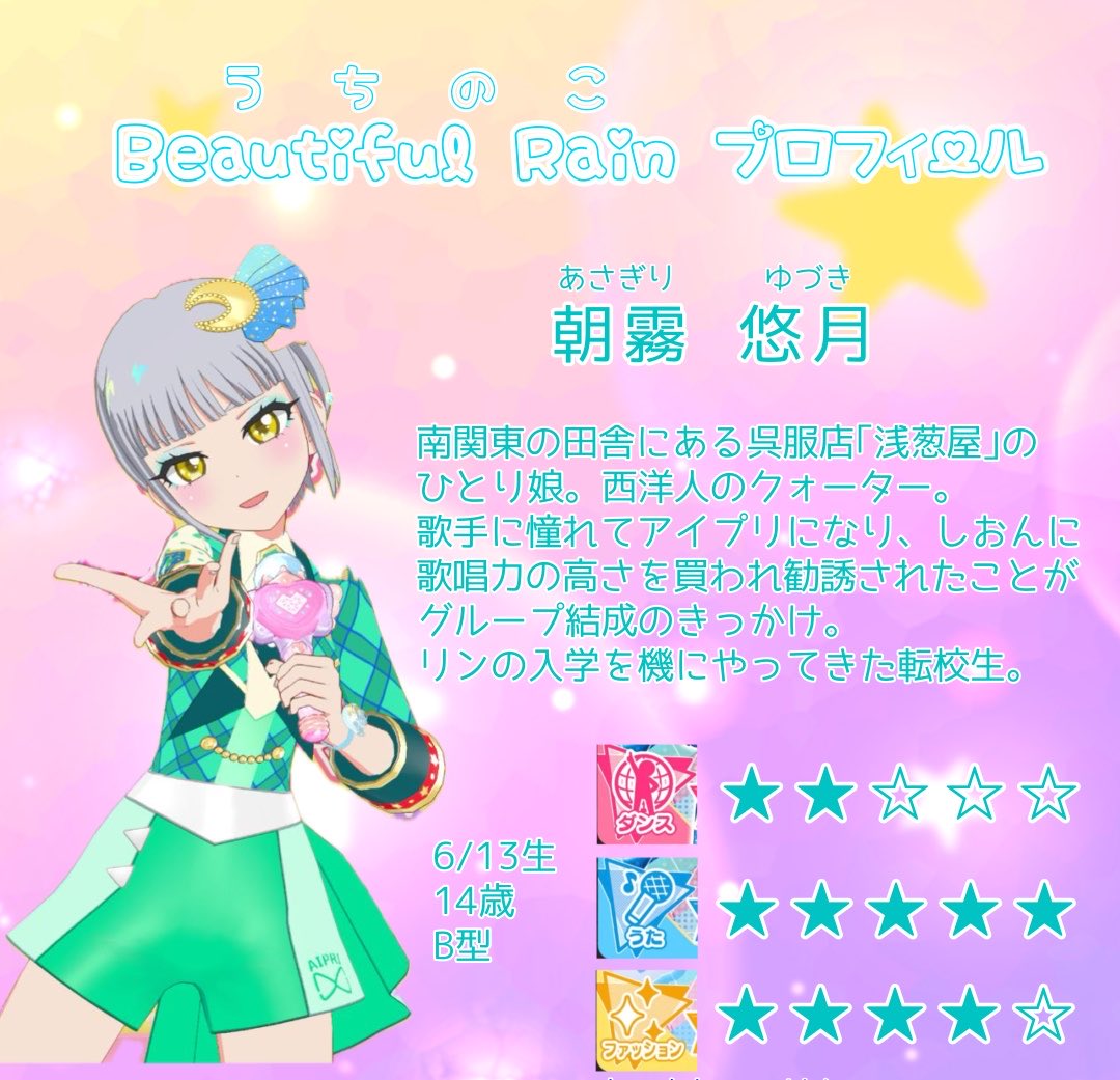 Meg_1218B's tweet photo. うちの子ユニット｢Beautiful Rain｣を3枚で解説
ユニット名の由来は全員苗字に雨冠を含むからだよ https://t.co/8zYgaTAw9a