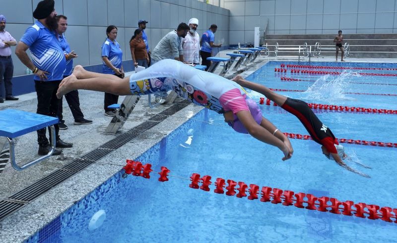 JKviews07's tweet photo. J&amp;K's new all-weather 50-metre swimming pool at MA Stadium has begun operations with junior and sub-junior selection trials for the upcoming national championships. 

#JammuAndKashmir #Swimming #SportsInfrastructure #KheloIndia https://t.co/EOXK75qsd4